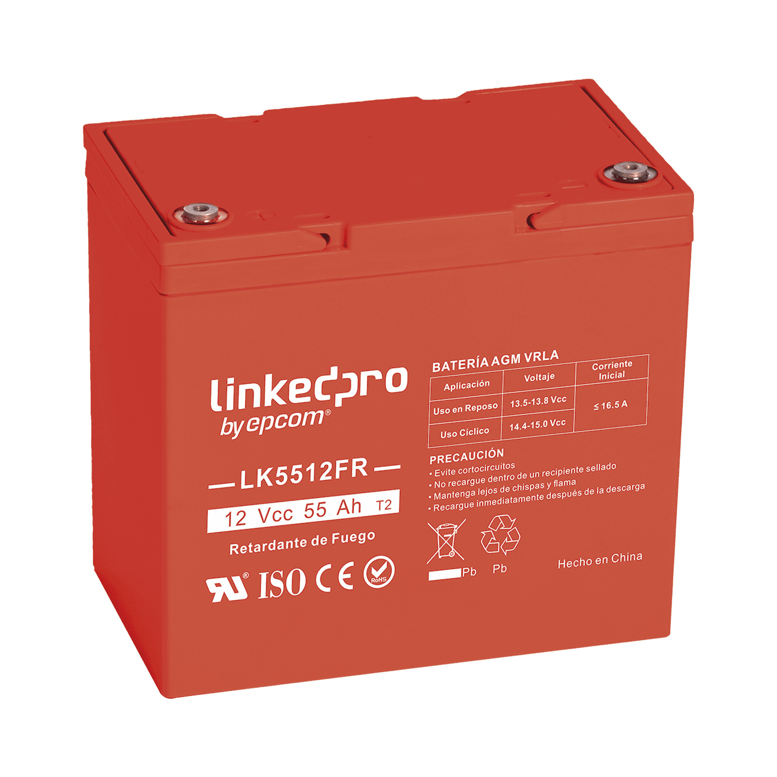 Batería 12 V / 55 Ah / UL / Tecnología AGM-VRLA / Vida útil promedio de 5 años / Retardo a la flama / Para uso en equipo electrónico, Alarmas de Intrusión / Incendio/ Control de acceso / Video Vigilancia / T2 LK5512FR - LINKEDPRO BY EPCOM