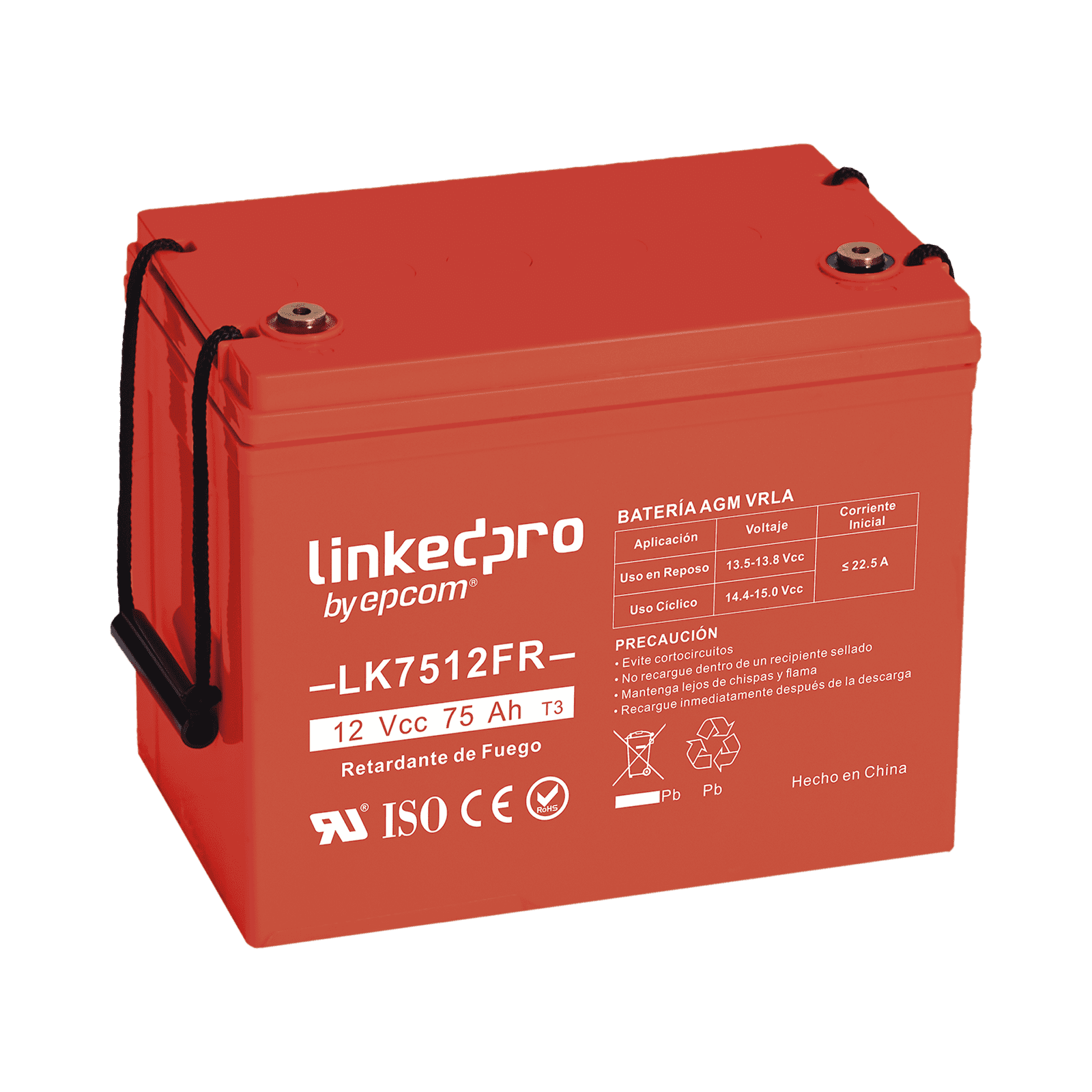 Batería 12 V / 75 Ah / UL / Tecnología AGM-VRLA / Vida útil promedio de 5 años / Retardo a la flama / Para uso en equipo electrónico, Alarmas de Intrusión / Incendio/ Control de acceso / Video Vigilancia / T2 LK7512FR - LINKEDPRO BY EPCOM