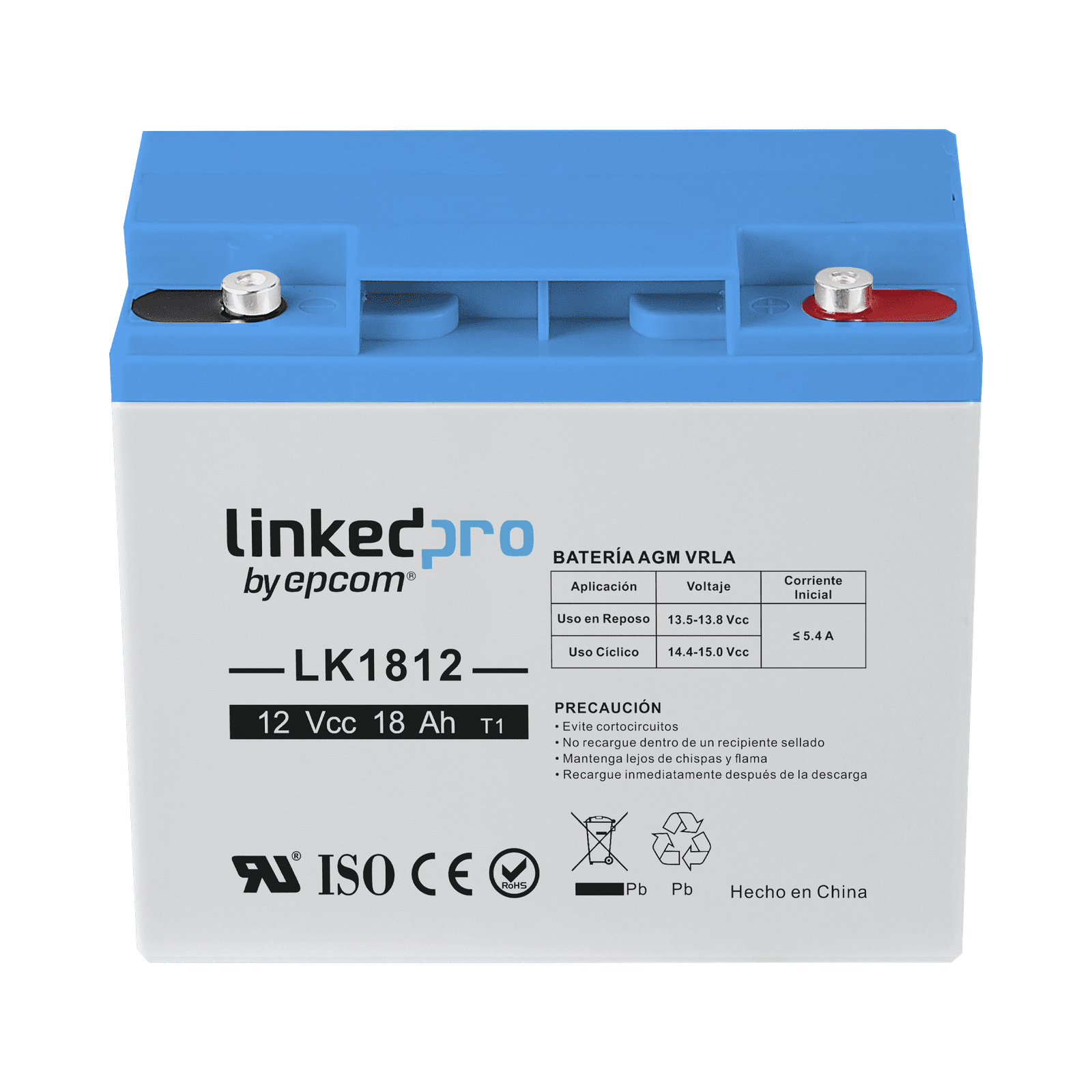 Batería 12 Vcc / 18 Ah / UL / Tecnología AGM-VRLA / Vida útil promedio de 5 años / Para uso en equipo electrónico, Alarmas de Intrusión / Incendio/ Control de acceso / Video Vigilancia / Terminales T1 . LK1812 - LINKEDPRO BY EPCOM