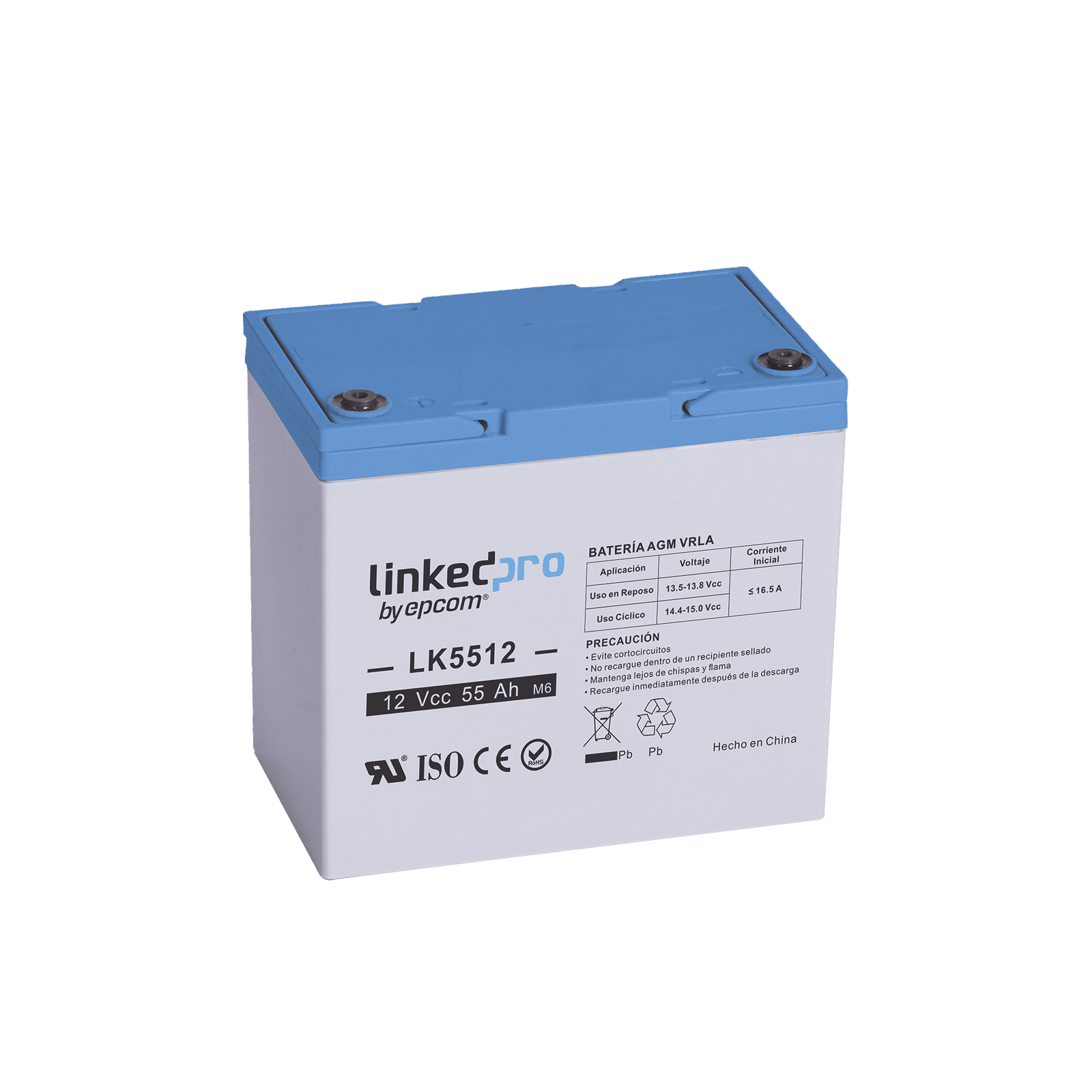 Batería 12 Vcc / 55 Ah / UL / Tecnología AGM-VRLA / Vida útil promedio de 5 años / Para uso en equipo electrónico, Alarmas de Intrusión / Incendio/ Control de acceso / Video Vigilancia / T2 LK5512 - LINKEDPRO BY EPCOM