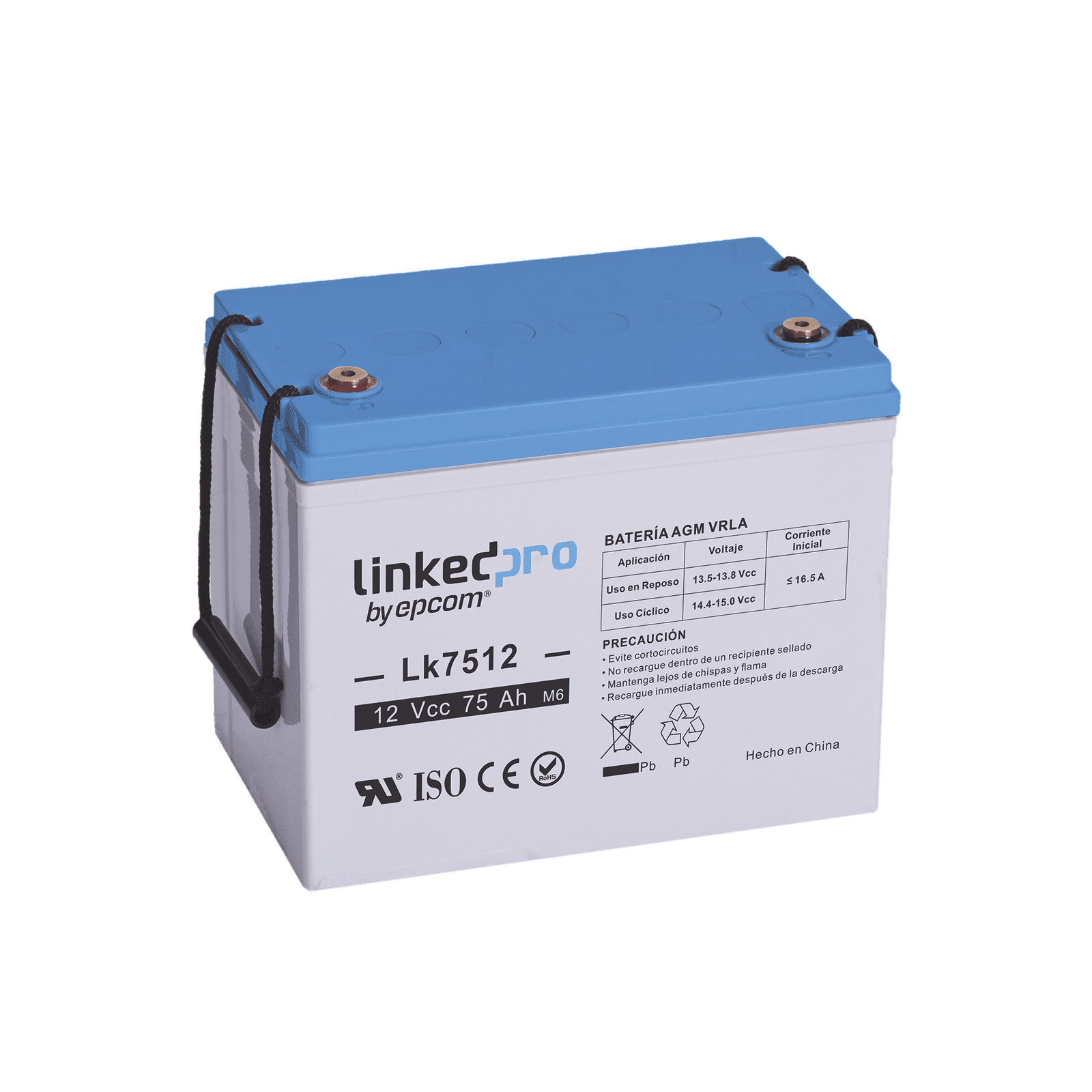 Batería 12 Vcc / 75 Ah / UL / Tecnología AGM-VRLA / Vida útil promedio de 5 años / Para uso en equipo electrónico / Sistemas de emergencia y aplicaciones fotovoltaicas Terminales T3 LK7512 - LINKEDPRO BY EPCOM