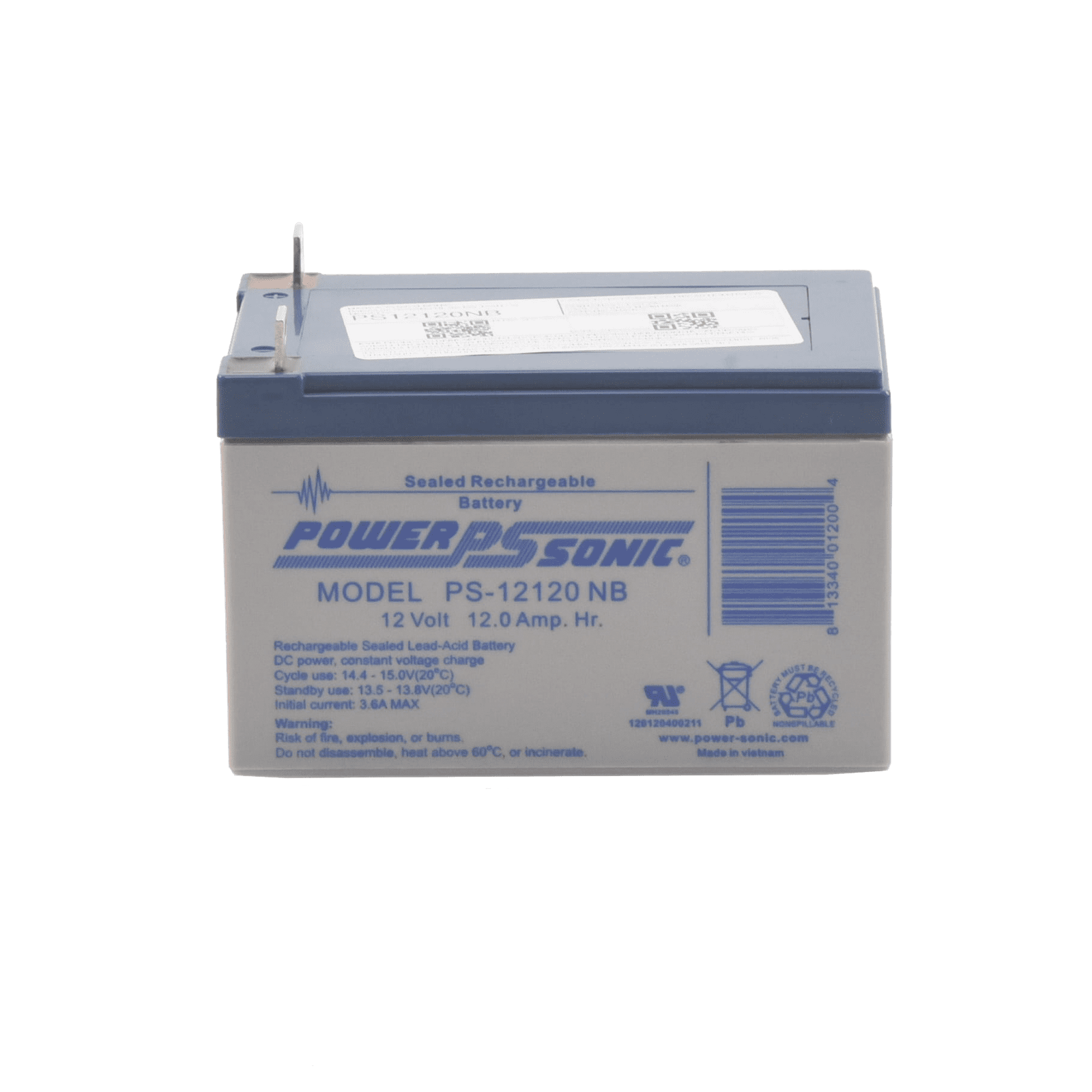 Batería 12V, 12AH, Para Respaldo, Tecnologías AGM/VRLA, 5 Años Vida Útil, Terminales NB, Reconocida UL PS-12120-NB - POWER SONIC