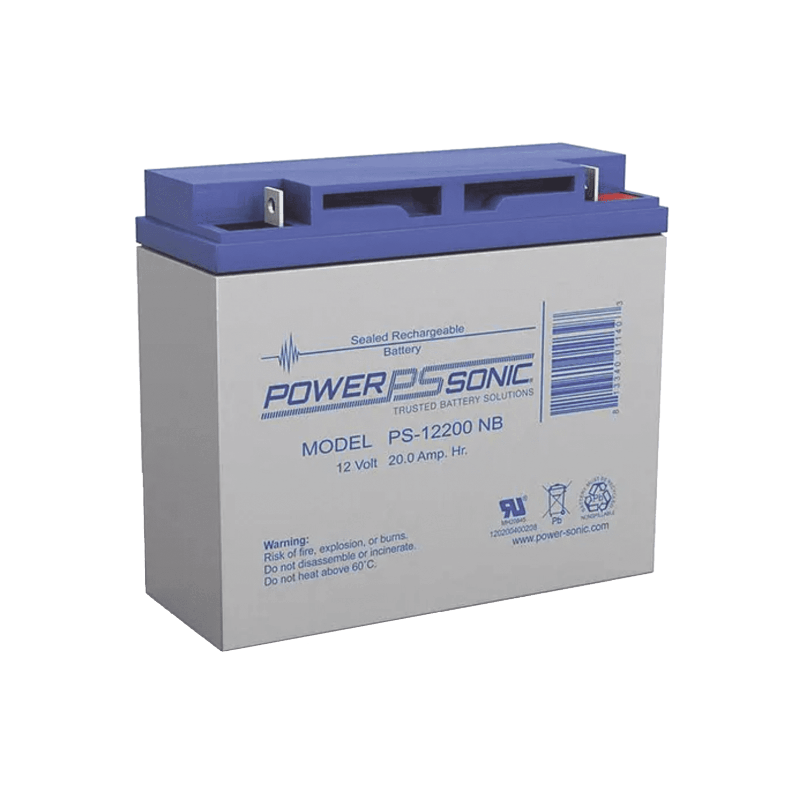 Batería 12V, 20AH, Para Respaldo, Tecnologías AGM/VRLA, 5 Años Vida Útil, Terminales NB2, Reconocida UL PS-12200 - POWER SONIC