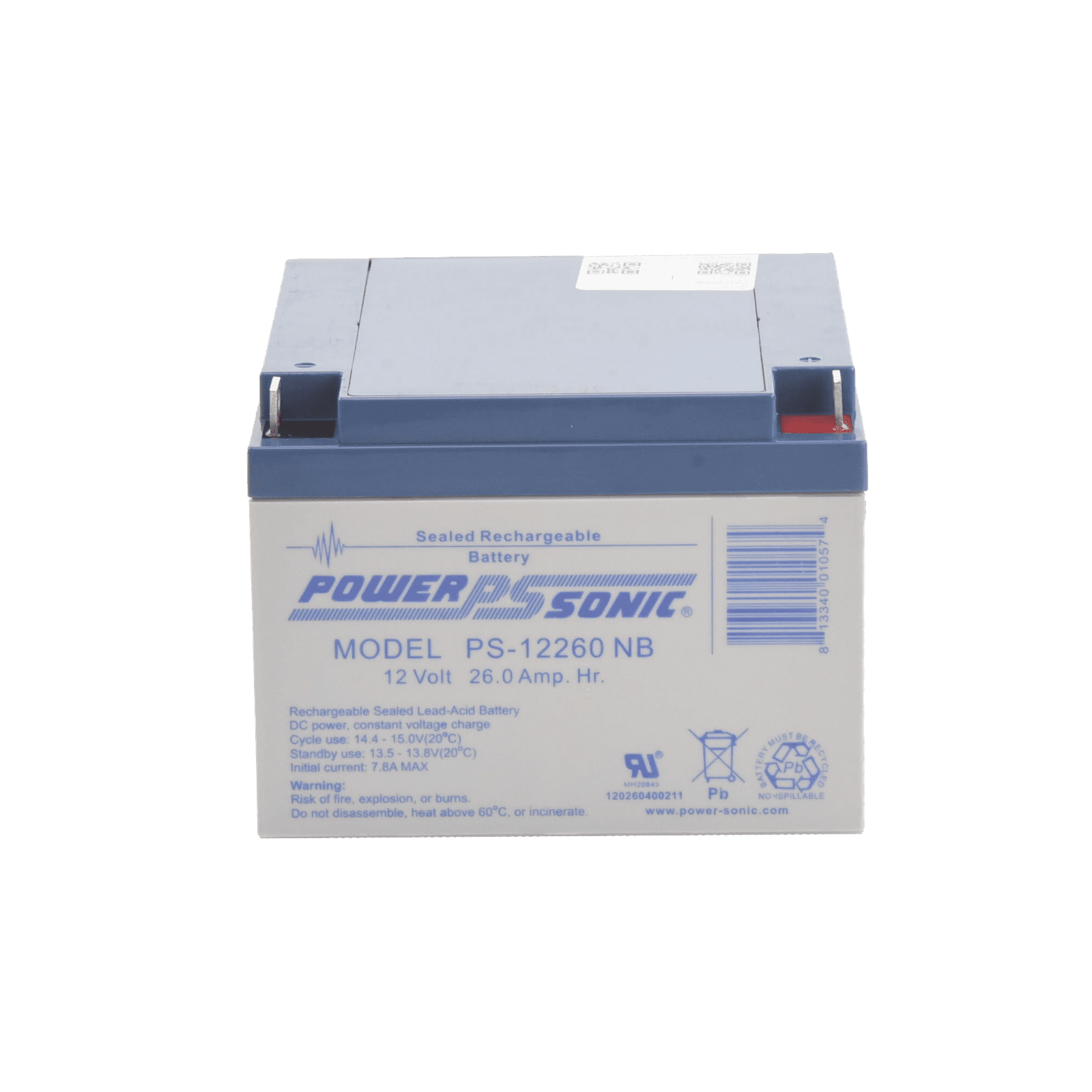 Batería 12V, 26AH, Para Respaldo, Tecnologías AGM/VRLA, 5 Años Vida Útil, Terminales NB, Reconocida UL PS-12260-NB - POWER SONIC
