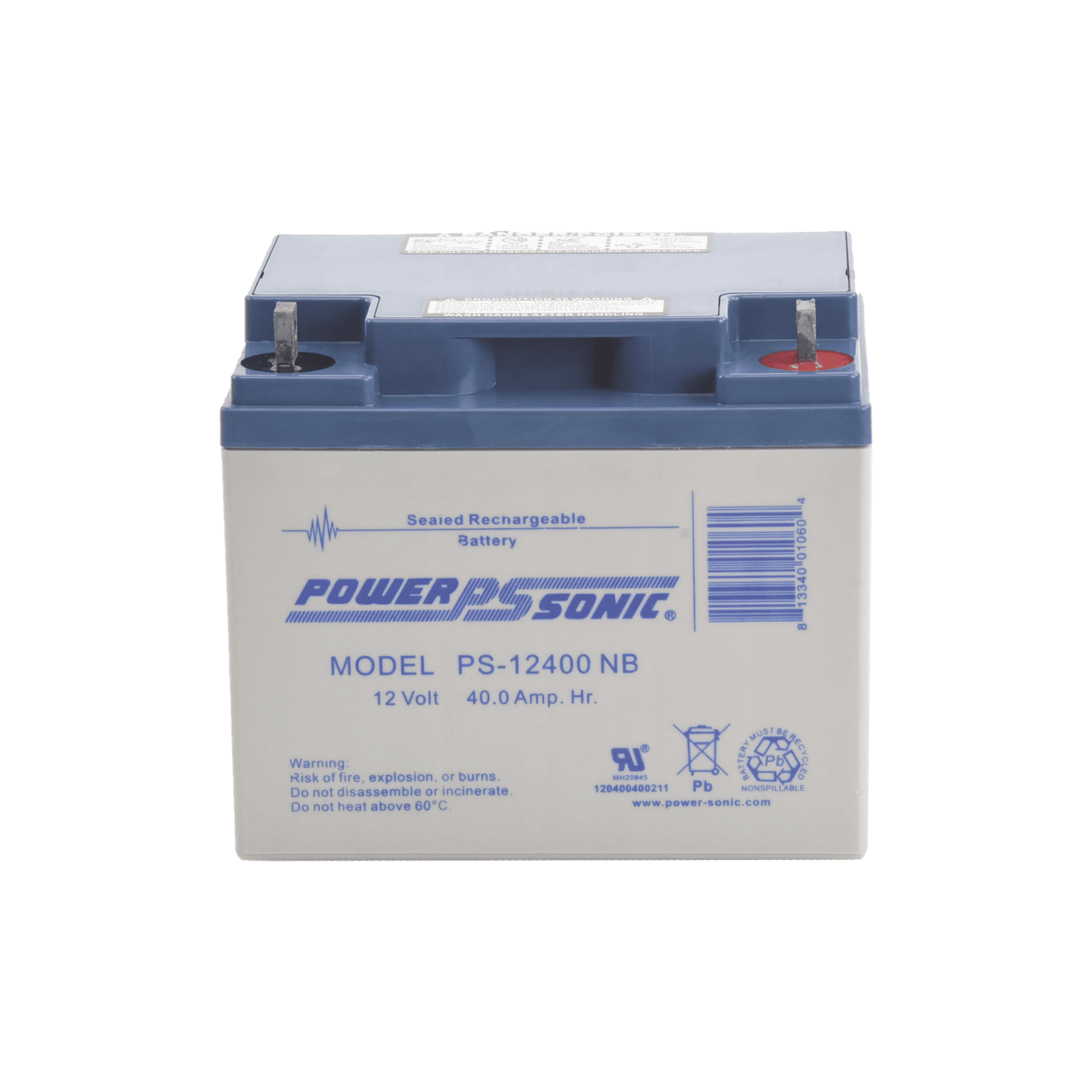 Batería 12V, 40AH, Para Respaldo, Tecnologías AGM/VRLA, 5 Años Vida Útil, Terminales NB, Reconocida UL PS-12400-NB - POWER SONIC