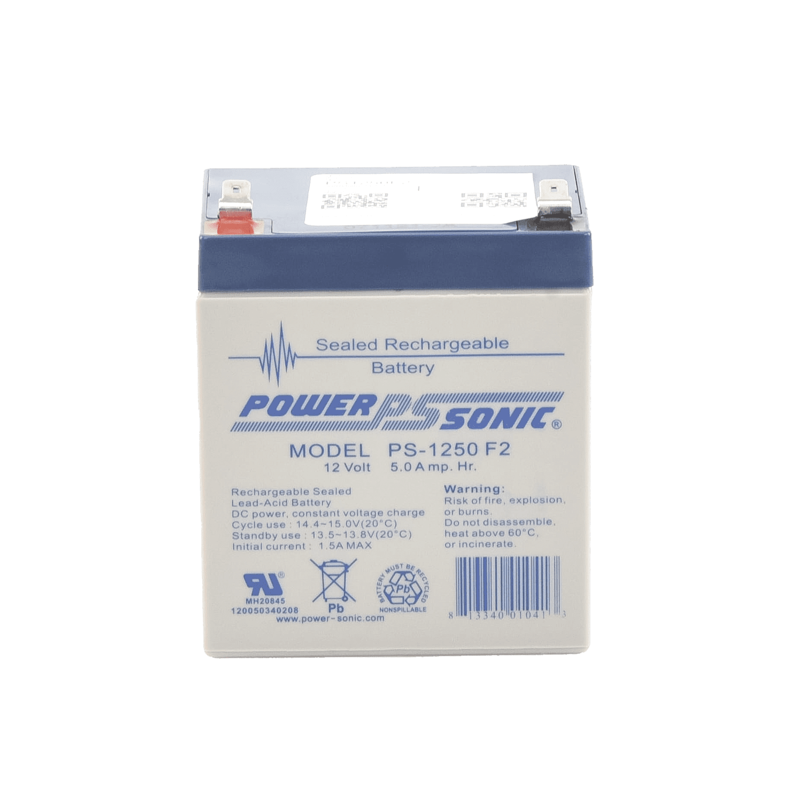 Batería 12V, 5AH, Para Respaldo, Tecnologías AGM/VRLA, 5 Años Vida Útil, Terminales F2, Reconocida UL PS-1250-F2 - POWER SONIC