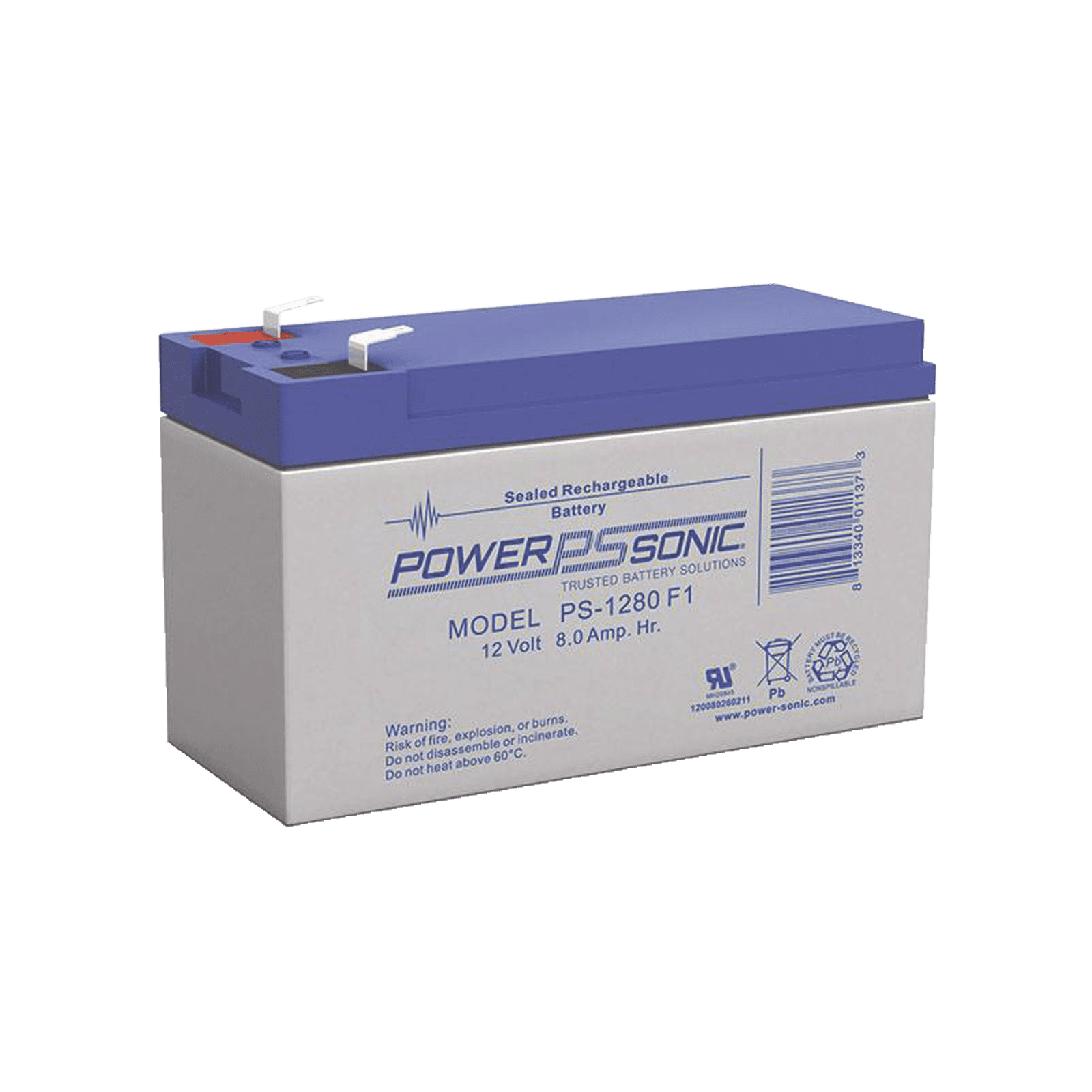 Batería 12V, 8AH, Para Respaldo, Tecnologías AGM/VRLA, 5 Años Vida Útil, Terminales F1, Reconocida UL PS-1280-F1 - POWER SONIC