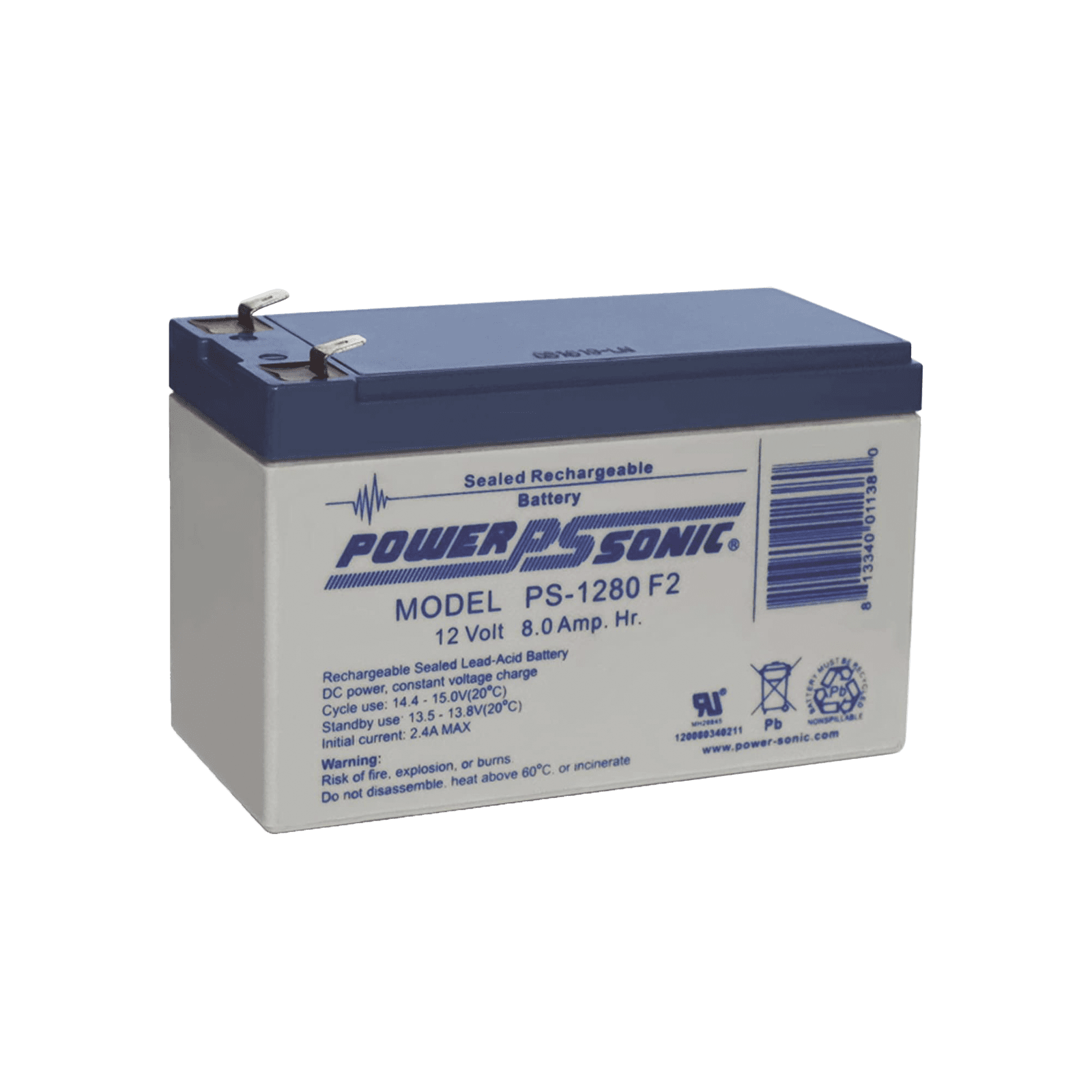 Batería 12V, 8AH, Para Respaldo, Tecnologías AGM/VRLA, 5 Años Vida Útil, Terminales F2, Reconocida UL PS-1280-F2 - POWER SONIC