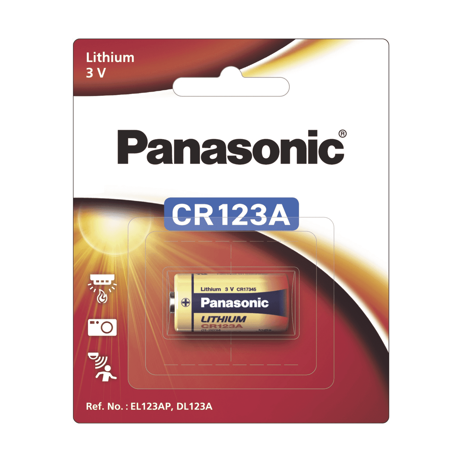 Batería de litio PANASONIC / 3 Vcc /1,550 mAh / Aplicación en transmisores de alarma inalámbricos/ Con empaque CR123APA/1B - PANASONIC