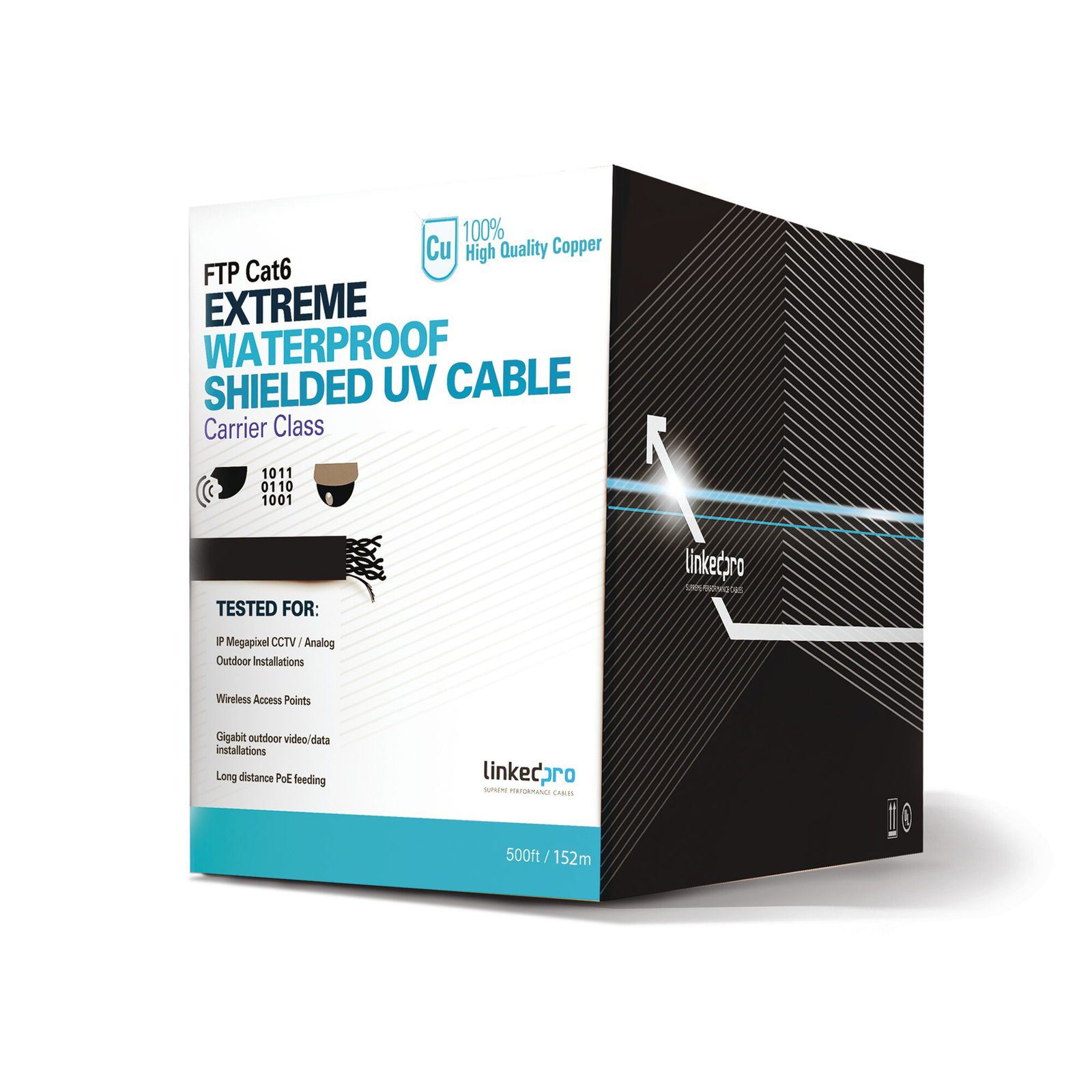 Bobina de 152.5 metros Cat6+ CALIBRE 23 Exterior Blindado tipo FTP Para Climas Extremos, UL para aplicaciones de video vigilancia y redes de datos. Para uso en Intemperie. PRO-CAT-6-EXT/500 - LINKEDPRO BY EPCOM
