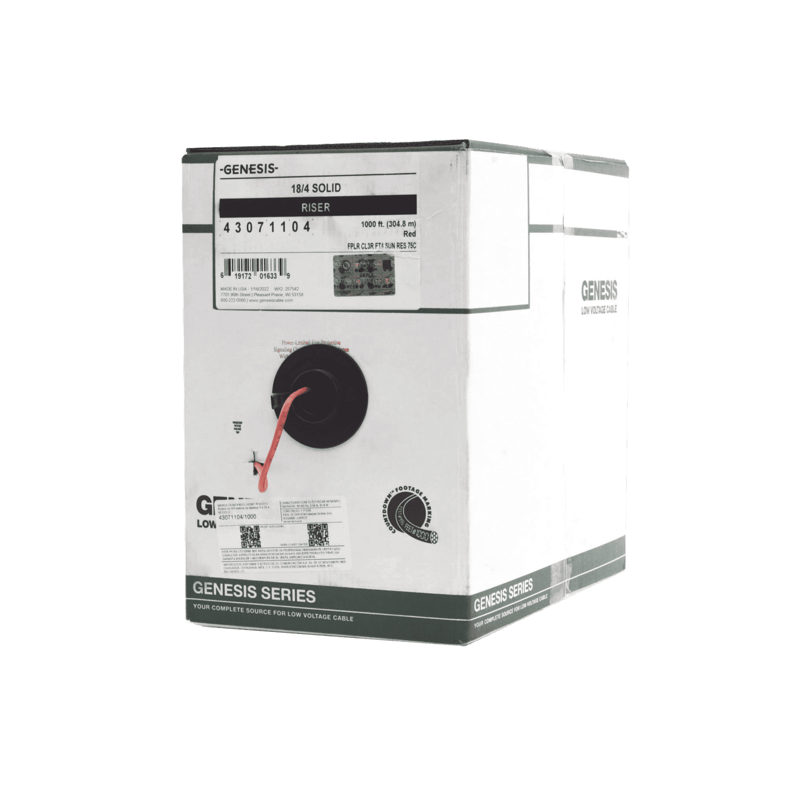 Bobina de 305 Metros de Alambre / 4 x 18 AWG / Tipo FPLR-CL3R / Resistente al Fuego / Color Rojo / Para Sistemas Contra Incendio o Sistemas de Evacuación 4307-1104/1000 - GENESIS