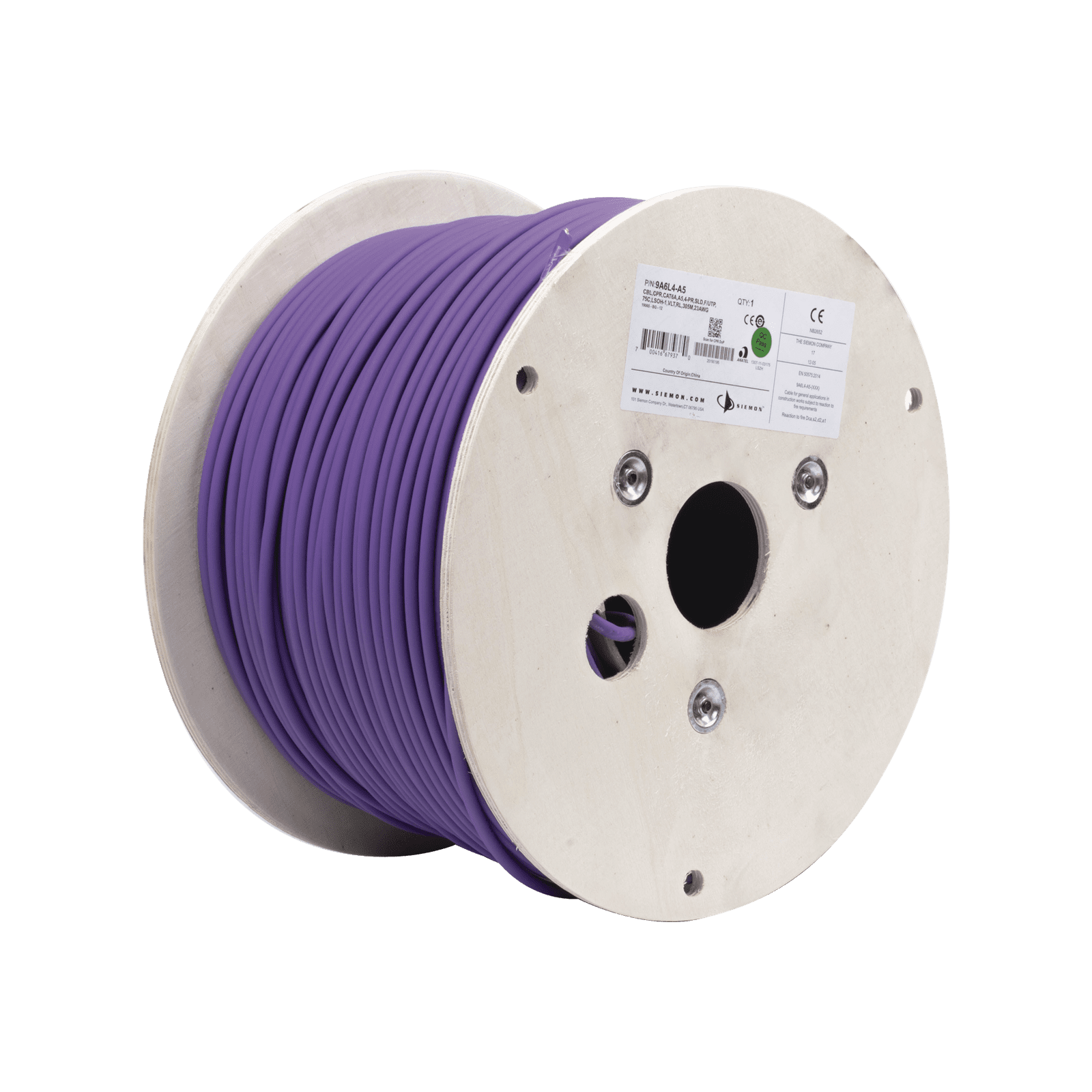 Bobina de Cable Blindado F/UTP de 4 Pares, Z-MAX, Cat6A, Soporte de Aplicaciones 10GBase-T, LS0H (Libre de Gases Toxicos), Color Violeta, 305m 9A6L4-A5 - SIEMON