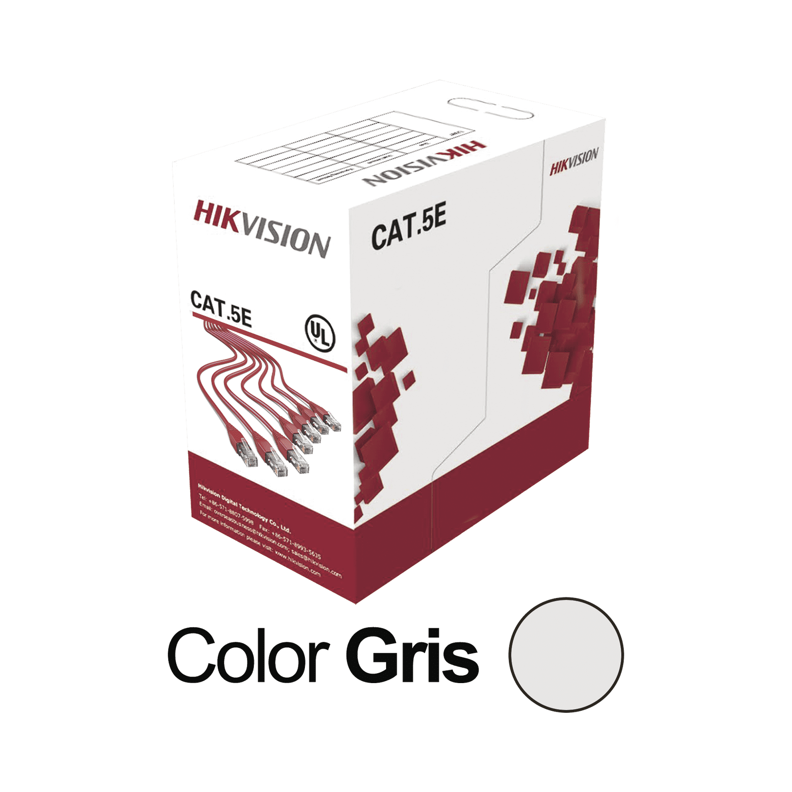 Bobina de Cable UTP 305 Metros / Cat5E (24 AWG) / Color Gris / PVC (CM) / Uso en Interior / 100% Cobre / Aplicaciones de CCTV y Redes de Datos DS-1LN5E-S - HIKVISION