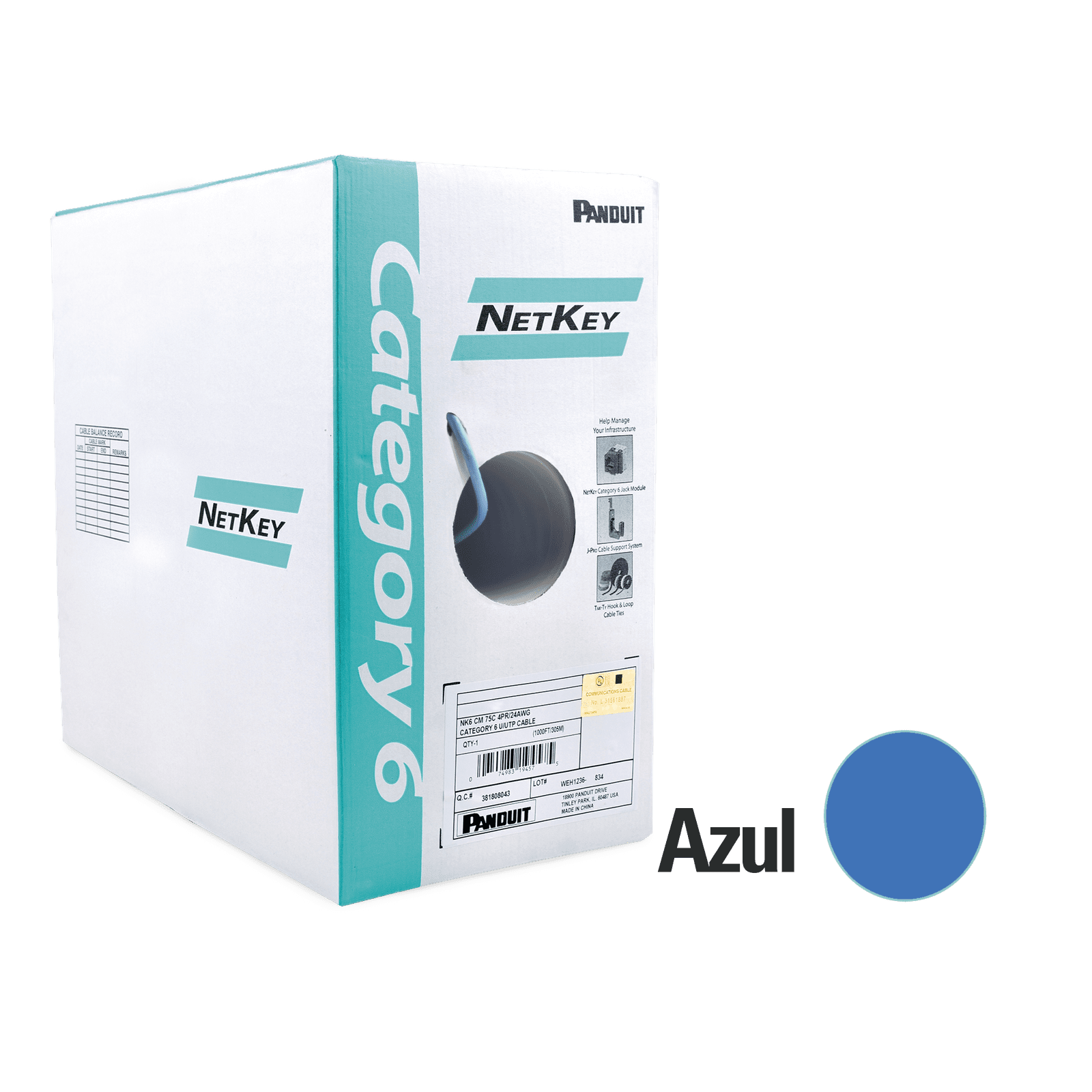 Bobina de Cable UTP 305 m. de Cobre, NetKey, Reelex, Azul, Categoría 6 (24 AWG), 1000Mbps, PVC (CM), de 4 pares NUC6C04BU-FE - PANDUIT