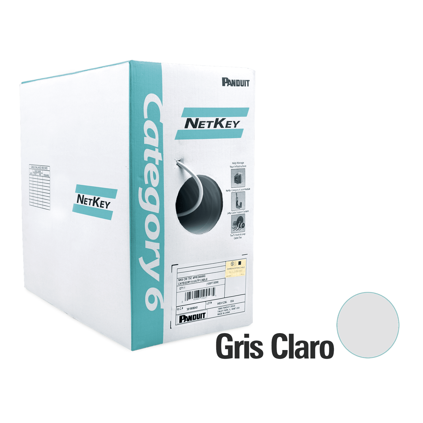 Bobina de Cable UTP 305 m. de Cobre, NetKey, Reelex, Gris, Categoría 6 (24 AWG), 1000Mbps, PVC (CM), de 4 pares NUC6C04IG-FE - PANDUIT