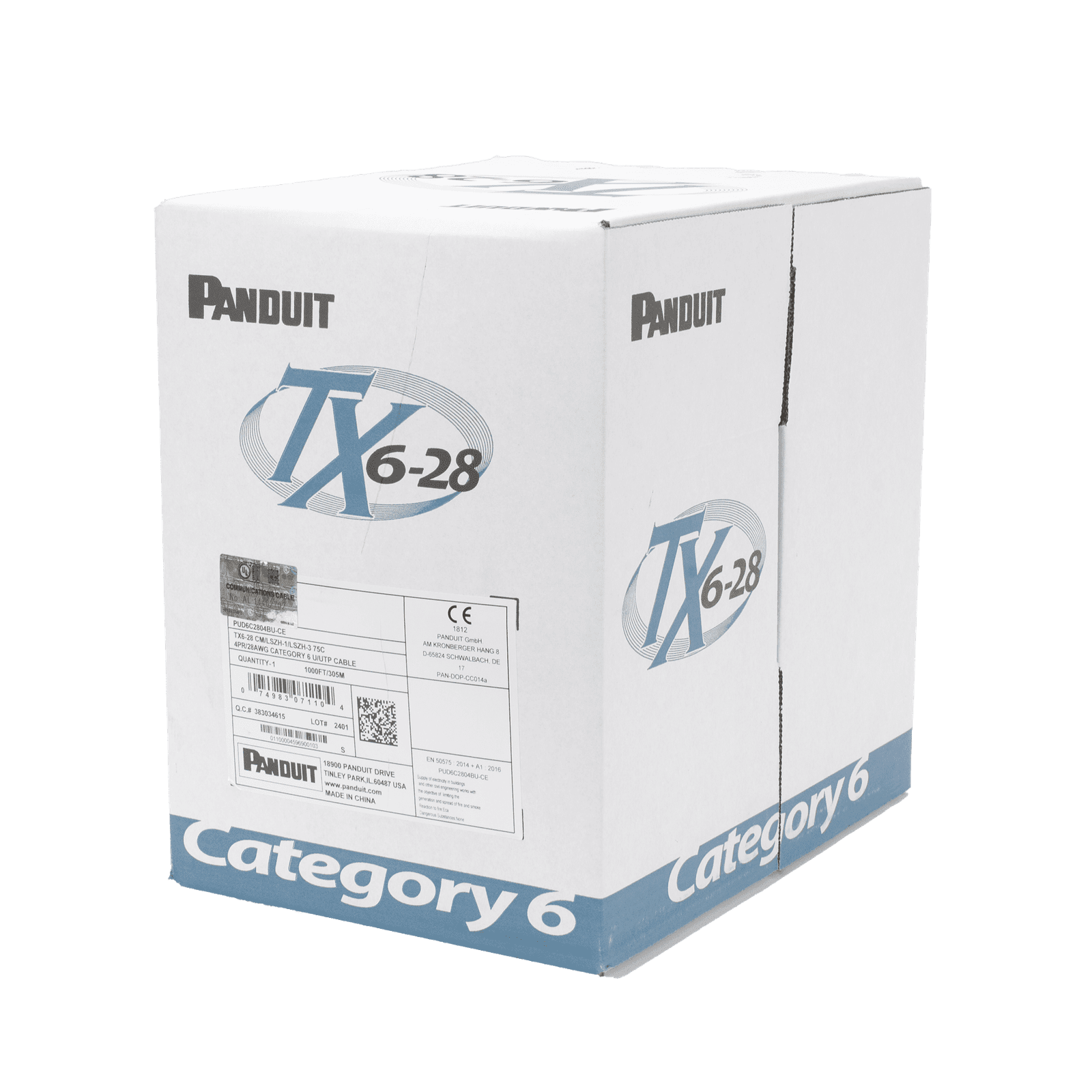 Bobina de Cable UTP 305 m. de Cobre TX6-28®, Azul, Categoría 6, Diámetro Reducido (28 AWG), CM/LSZH, de 4 pares PUD6C2804BU-CE - PANDUIT