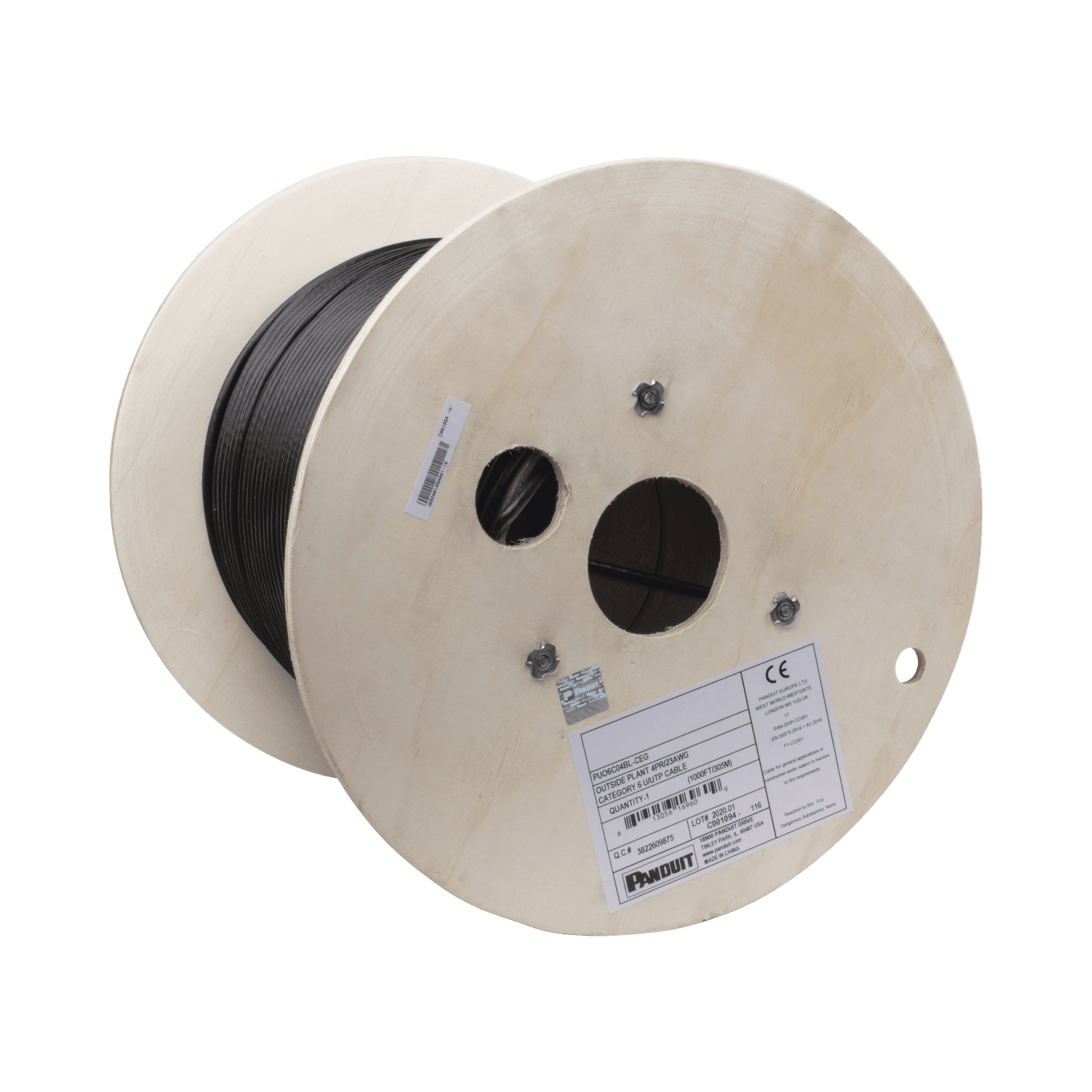 Bobina de Cable UTP de 4 Pares, PanNet, Para Exterior con Gel, Cat6 (23 AWG), Industrial para Climas Extremos, Color Negro, 305 m PUO6C04BL-CEG - PANDUIT