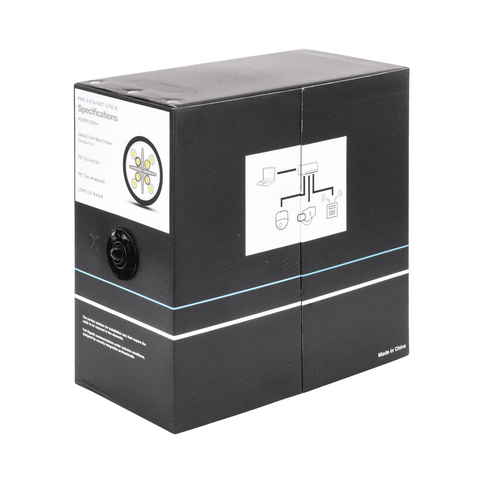 Bobina de cable 305 Metros Cat6, 24 AWG, Climas EXTREMOS, Color negro, sin blindar, para intemperie PRO-CAT-6-EXT-LITES - LINKEDPRO BY EPCOM