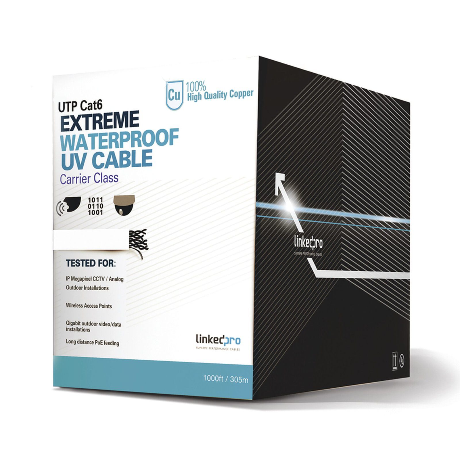 Bobina de cable UTP 305 Metros Cat6, Calibre 23, CLIMAS EXTREMOS, Color blanco, sin blindar, para intemperie PRO-CAT-6-EXT-LITEW - LINKEDPRO BY EPCOM