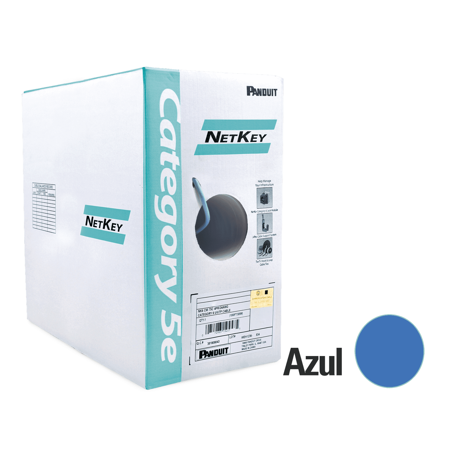 Bobina de cable UTP 305 m. de Cobre, NetKey, Azul, Categoría 5e (24 AWG), PVC (CM), de 4 pares NUC5C04BU-CE - PANDUIT