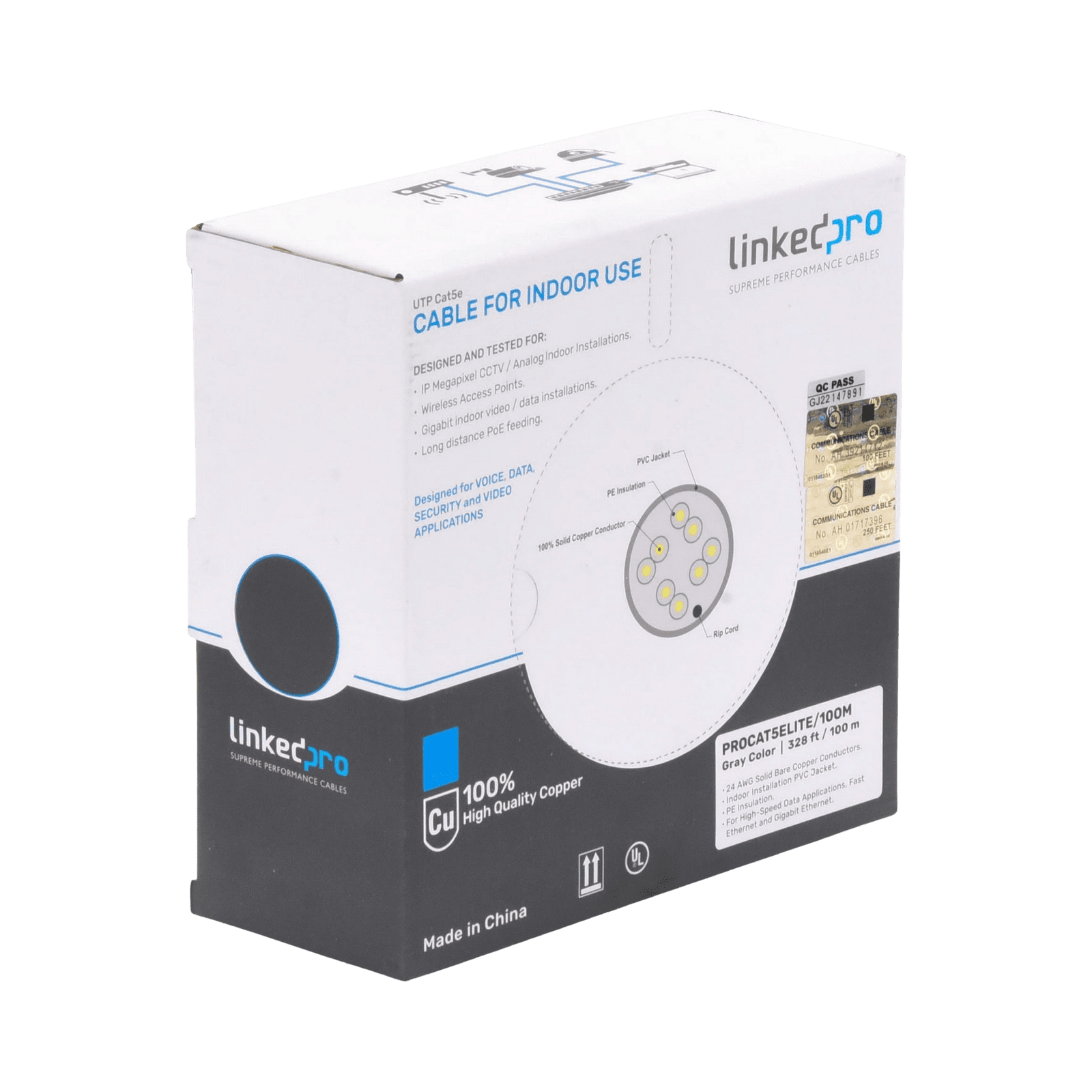 Bobina de cable de 100m, Cat5e, 24 AWG, color Gris, UL, para aplicaciones en videovigilancia, redes de datos. Uso Interior PRO-CAT-5E-LITE/100M - LINKEDPRO BY EPCOM