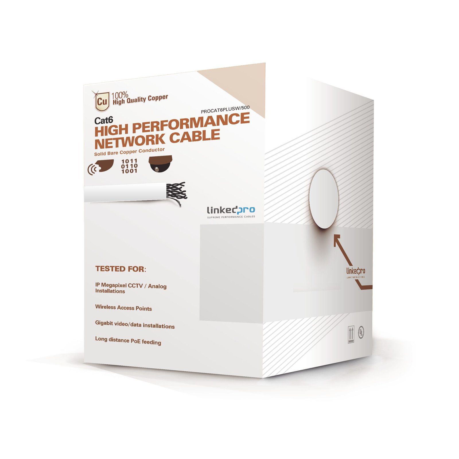 Bobina de cable de 152 Metros Cat6+ CALIBRE 23 ALTO DESEMPEÑO, super flexible, UL, color Blanco, para aplicaciones de video vigilancia y redes de datos PRO-CAT-6-PLUS-W/500 - LINKEDPRO BY EPCOM