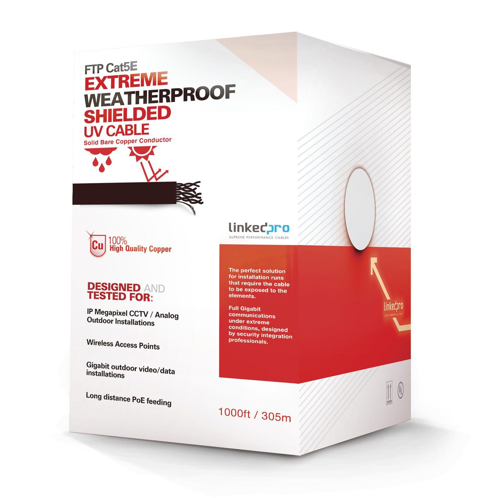 Bobina de cable de 152 m, Cat5e, FTP, blindado, para intemperie, color negro, UL, color negro, para aplicaciones en video vigilancia, redes de datos. PRO-CAT-5-EXT/500 - LINKEDPRO BY EPCOM