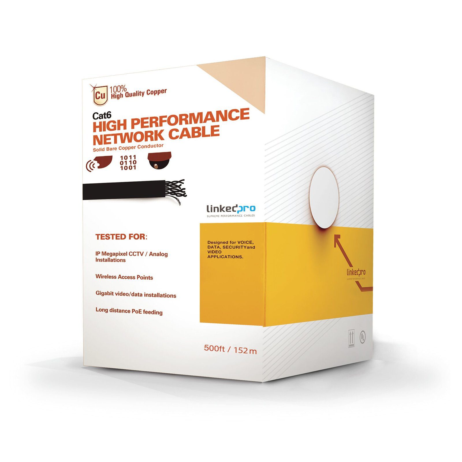 Bobina de cable de 152.5 Metros Cat6+ CALIBRE 23 ALTO DESEMPEÑO, super flexible, UL, color Azúl, para aplicaciones de video vigilancia, HD, y redes de datos. Uso interior. PRO-CAT-6-PLUS/500 - LINKEDPRO BY EPCOM