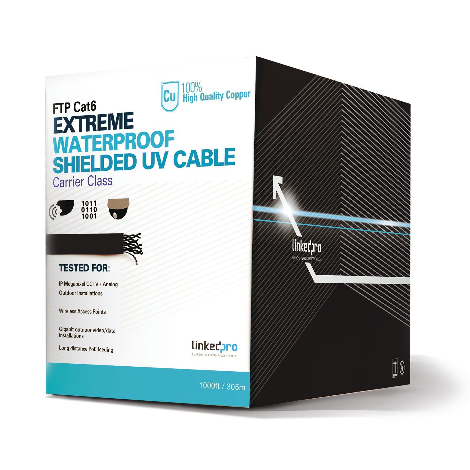 Bobina de cable de 305 Metros Cat6+ CALIBRE 23 Exterior Blindado tipo FTP para CLIMAS EXTREMOS, UL, color Negro, PRO-CAT-6-EXT - LINKEDPRO BY EPCOM
