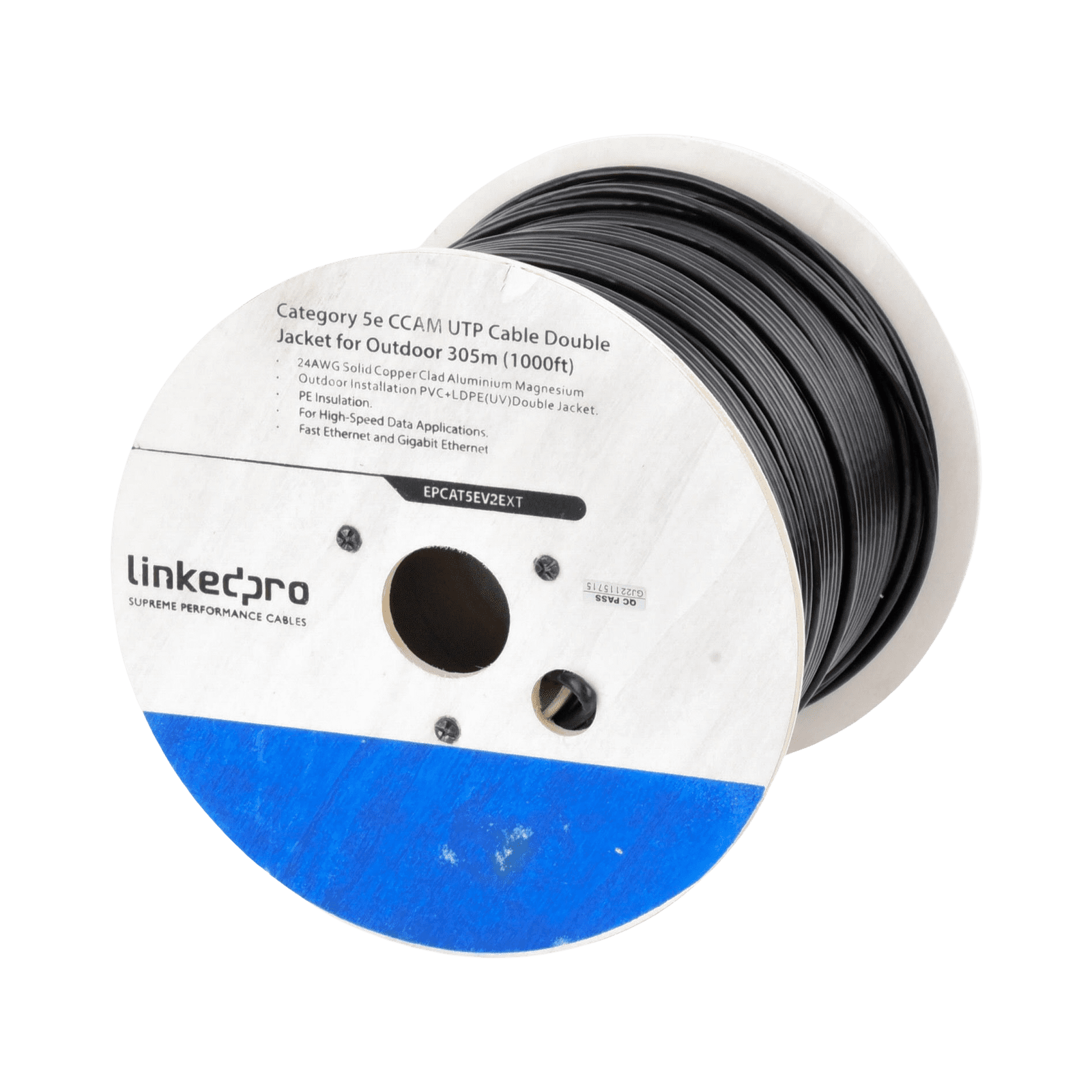 Bobina de cable de 305 m (1000 ft) Cat5e, Aleación de Cobre y Aluminio (CCA), color Negro, Uso Intemperie, Doble Forro EP-CAT-5E-V2-EXT - LINKEDPRO BY EPCOM