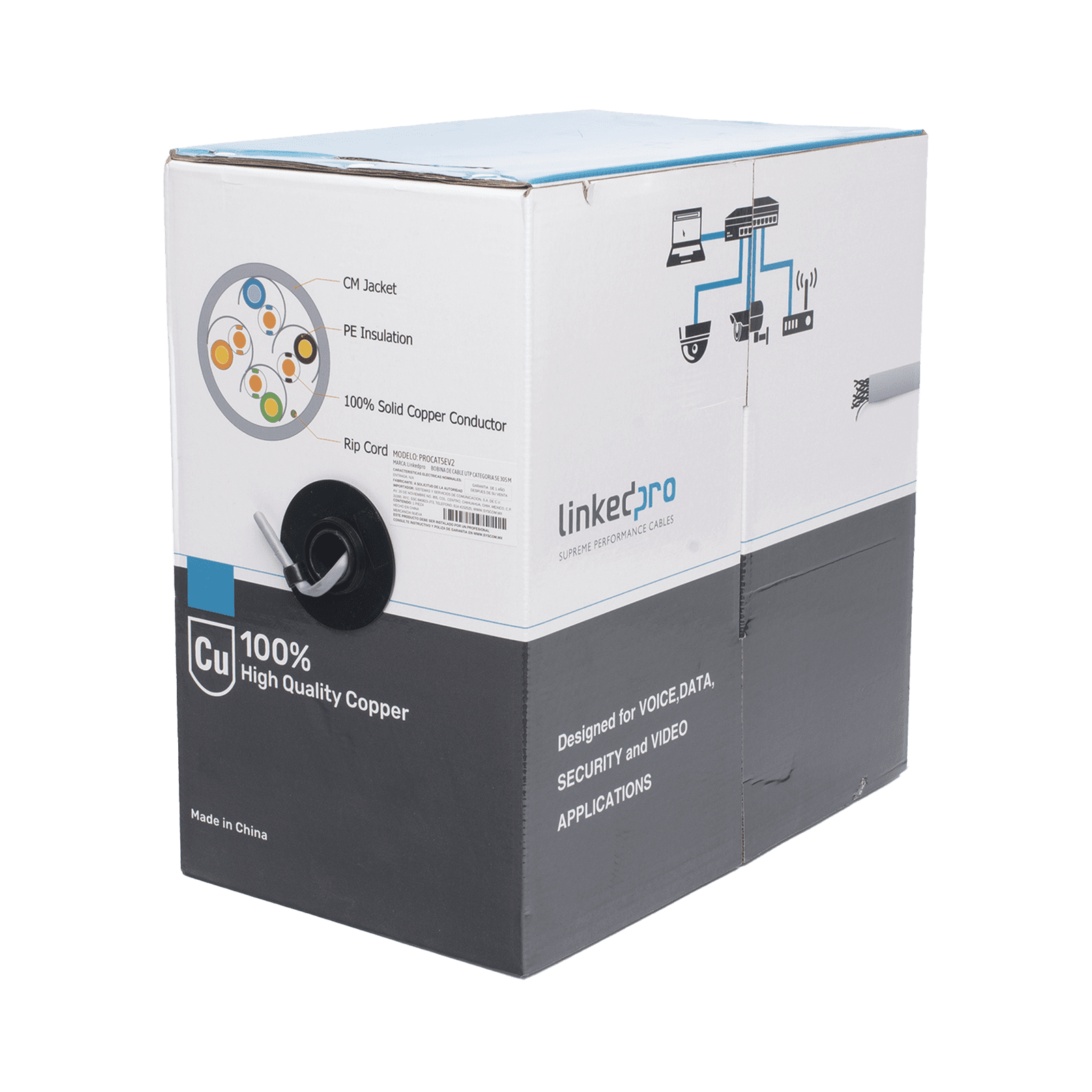Bobina de cable de 305 m, ( 1000 ft ), Cat5e, alto desempeño, de color Gris, UL, para aplicaciones en video vigilancia, redes de datos. Uso Interior PRO-CAT-5E-V2 - LINKEDPRO BY EPCOM