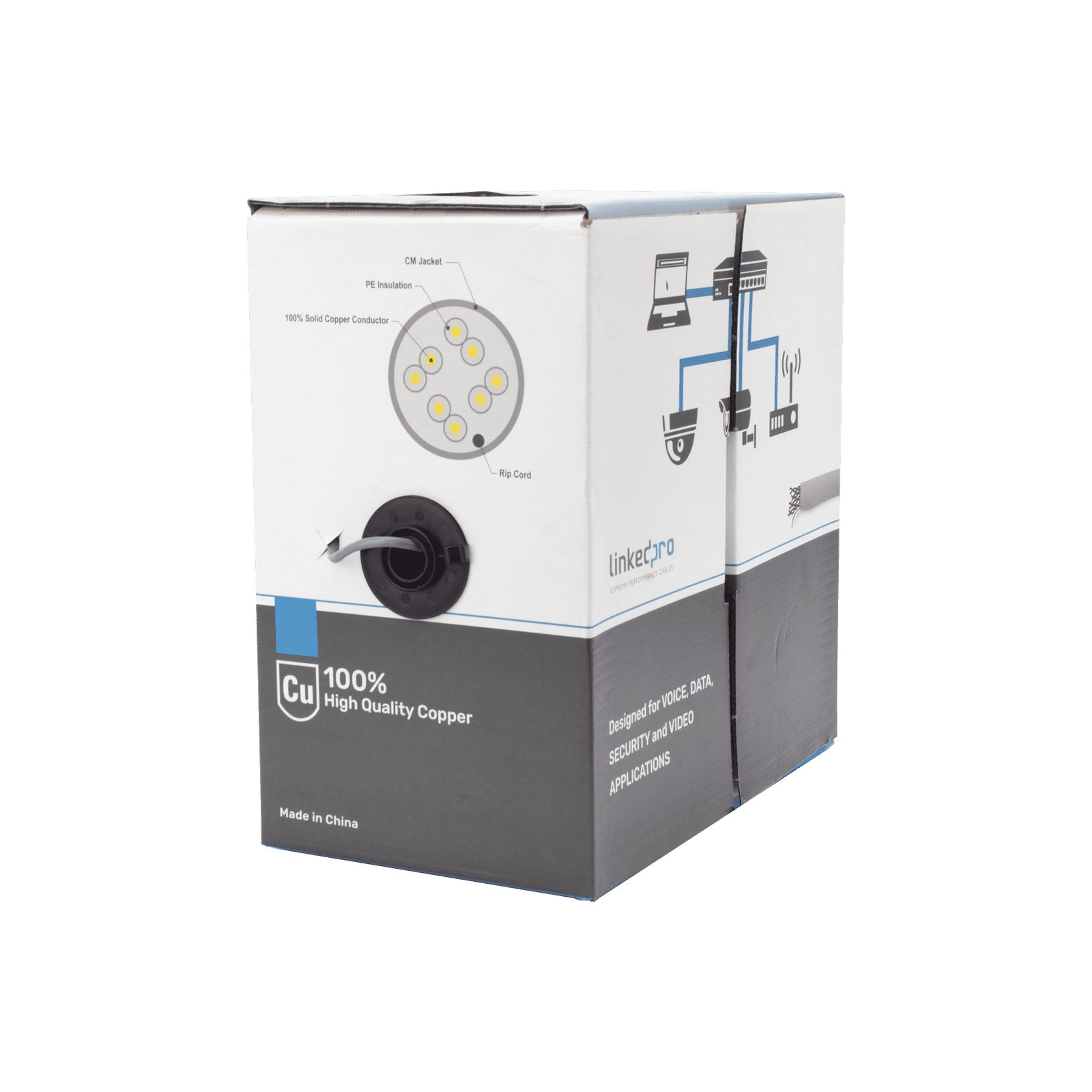 Bobina de cable de 305 m, ( 1000 ft ), Cat5e, alto desempeño, de color Gris, UL, para aplicaciones en video vigilancia, redes de datos. Uso Interior PRO-CAT-5E - LINKEDPRO BY EPCOM