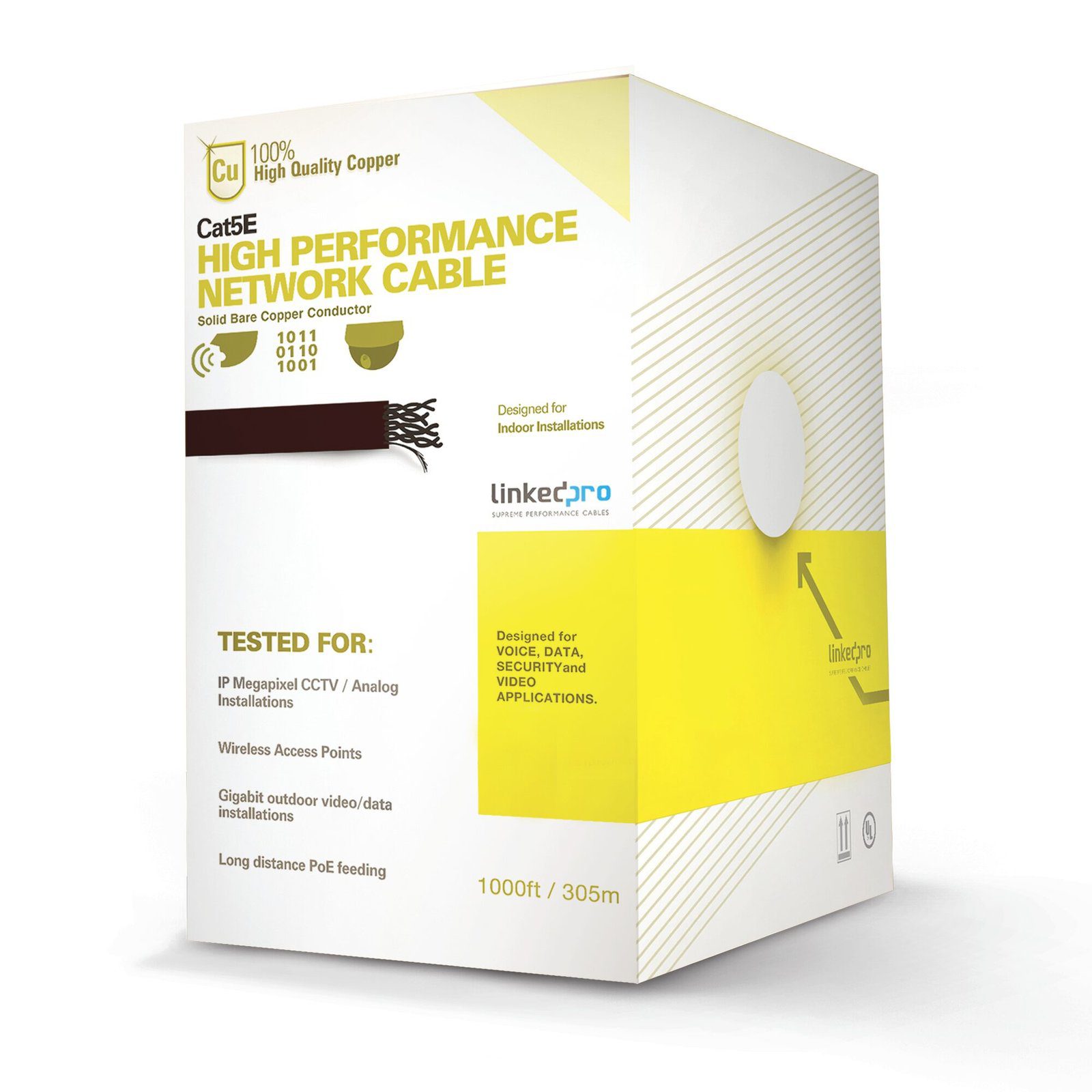 Bobina de cable de 305 m, ( 1000 ft ),  Cat5e, alto rendimiento, color blanco, UL, para aplicaciones en video vigilancia, redes de datos. Uso en interior PRO-CAT-5E-W - LINKEDPRO BY EPCOM