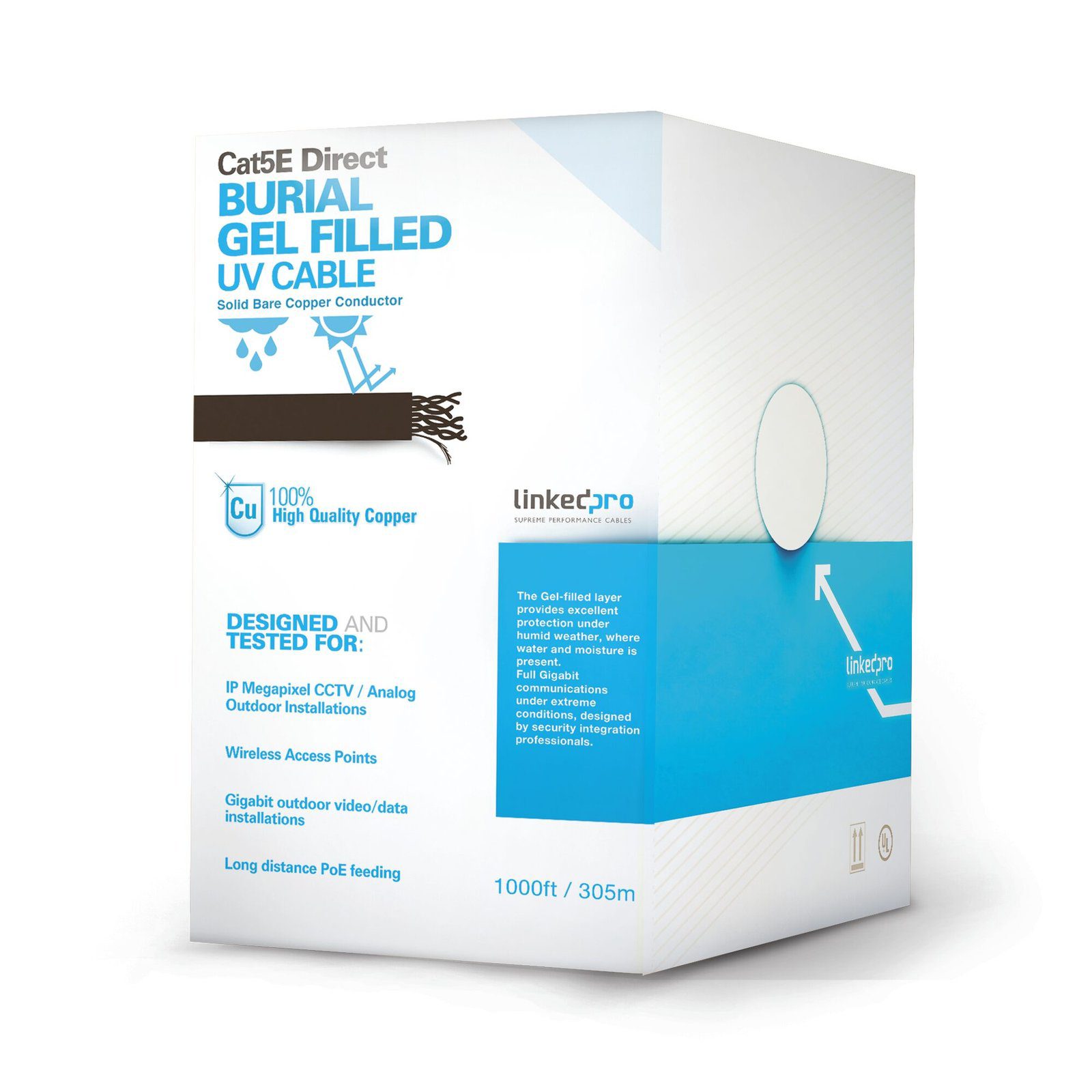 Bobina de cable de 305 m, Cat5E, con gel, para intemperie, doble forro extrema humedad, bajo tierra, UL, color negro para aplicaciones en video vigilancia, y redes de alta velocidad. PRO-CAT-5E-GELX - LINKEDPRO BY EPCOM