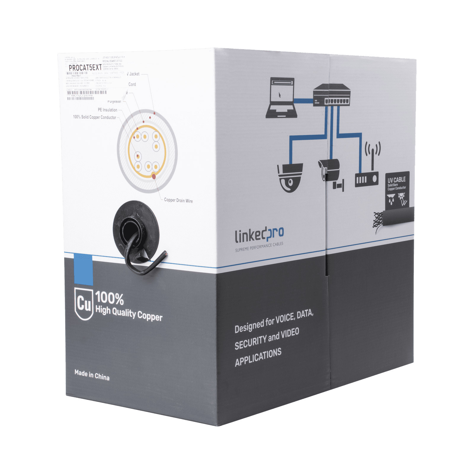 Bobina de cable de 305 m, Cat5e , FTP, blindado, color negro, UL, para aplicaciones en video vigilancia, redes de datos. Uso en Intemperie PRO-CAT-5-EXT - LINKEDPRO BY EPCOM