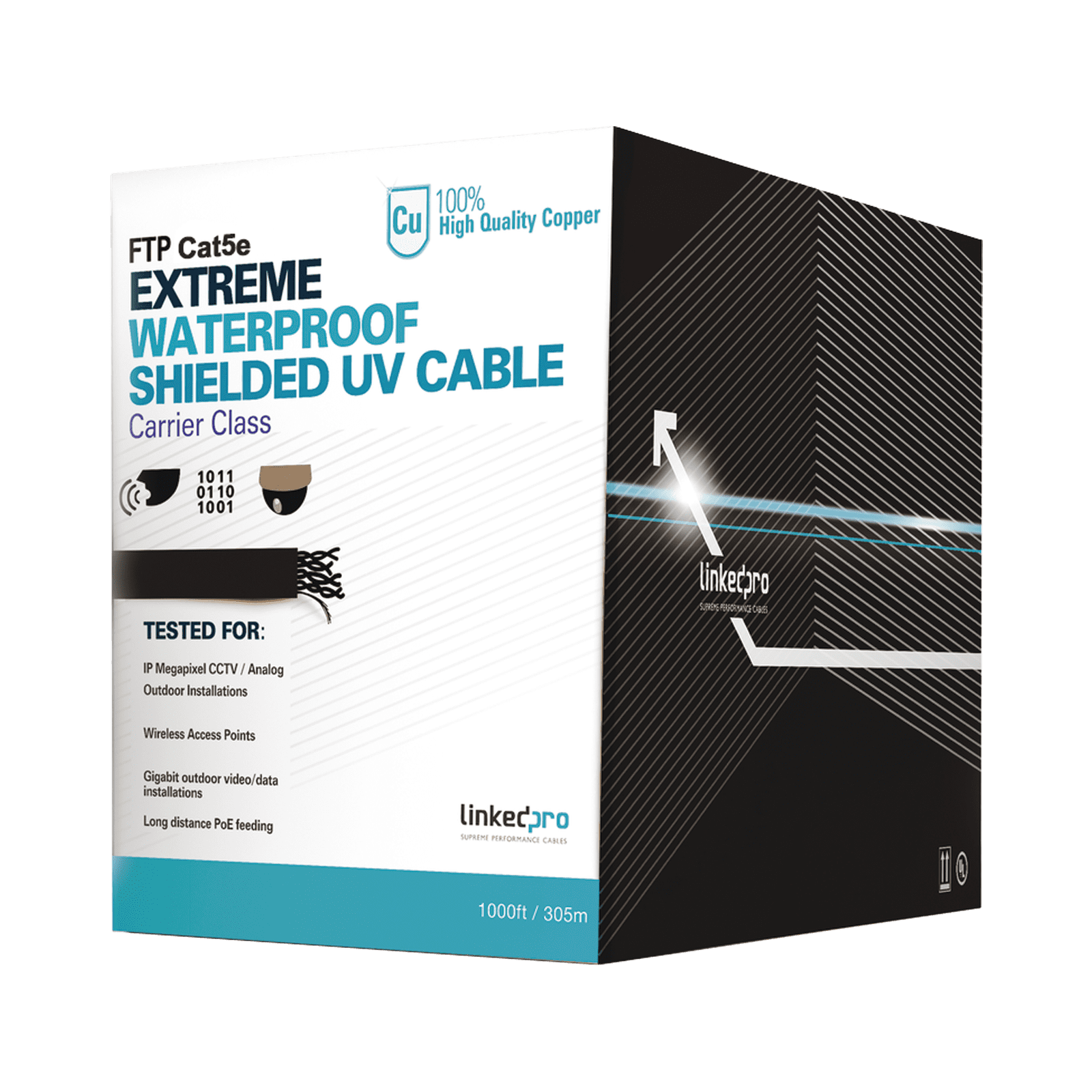 Bobina de cable de 305 m, Cat5e, color negro, sin blindar, para aplicaciones de video vigilancia, redes de datos. Uso en intemperie PRO-CAT5-EXT-LITE - LINKEDPRO BY EPCOM