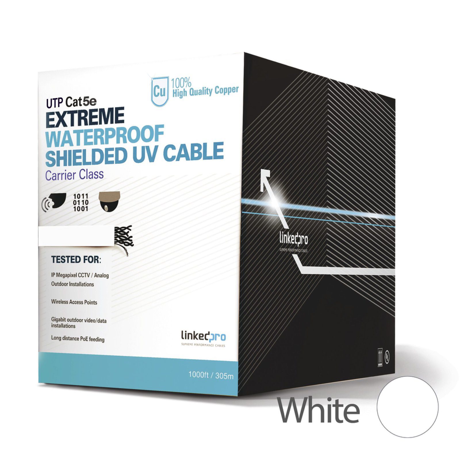 Bobina de cable de 305 m, Cat5e, para intemperie, sin blindar, color blanco, UL, para aplicaciones en CCTV, redes de datos. PRO-CAT5-EXT-LITEW - LINKEDPRO BY EPCOM