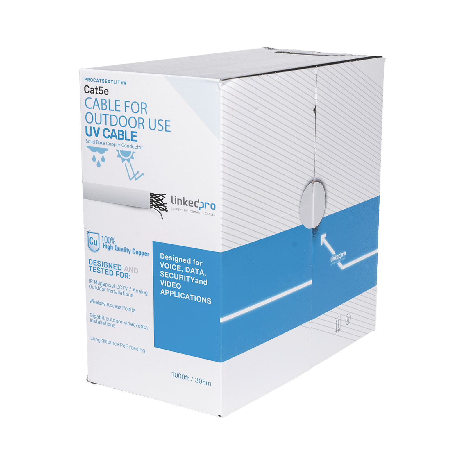 Bobina de cable de 305 m, Cat5e, para intemperie, sin blindar, color blanco, UL, para aplicaciones en CCTV, redes de datos. PRO-CAT5-EXT-LITEW-V2 - LINKEDPRO BY EPCOM