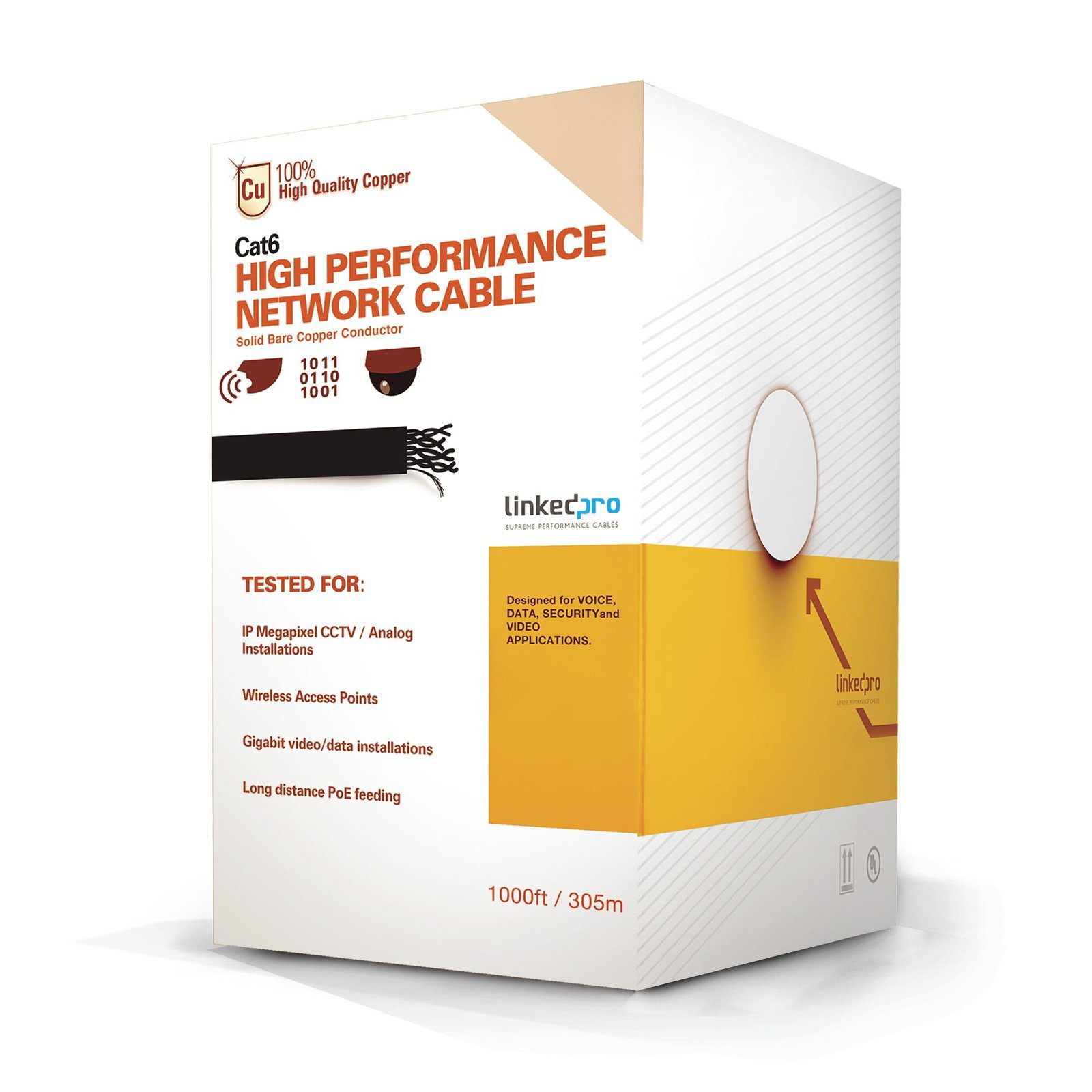 Bobina de cable de 305 metros Cat6+, CM, CALIBRE 23 ALTO RENDIMIENTO, ETL,UL, color azul, super flexible, para aplicaciones de video vigilancia, video HD, y redes de datos. Uso interior. PRO-CAT-6-PLUS - LINKEDPRO BY EPCOM