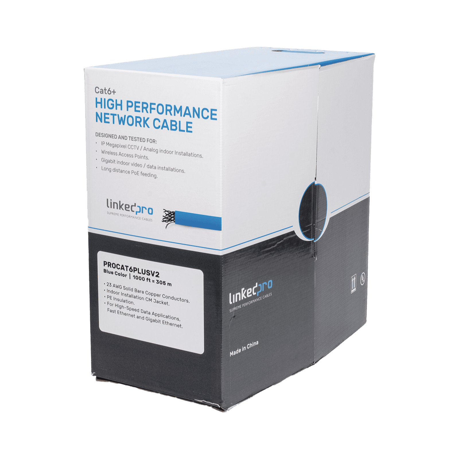 Bobina de cable de 305 metros Cat6+, CM, CALIBRE 23 ALTO RENDIMIENTO, ETL,UL, color azul, super flexible, para aplicaciones de video vigilancia, video HD, y redes de datos. Uso interior. PRO-CAT-6-PLUS-V2 - LINKEDPRO BY EPCOM