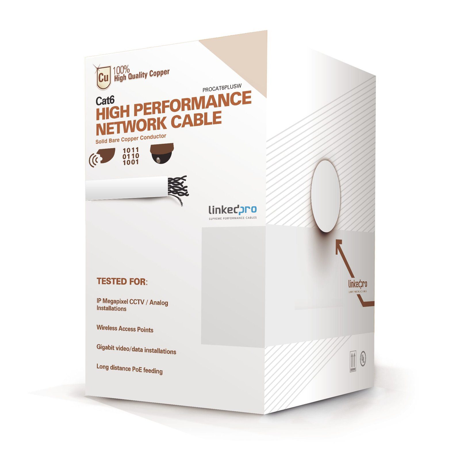 Bobina de cable de 305 metros de cable Cat6 de alto desempeño, super flexible, UL, Cobre, color blanco, para aplicaciones de video vigilancia y redes de datos PRO-CAT-6-PLUSW - LINKEDPRO BY EPCOM