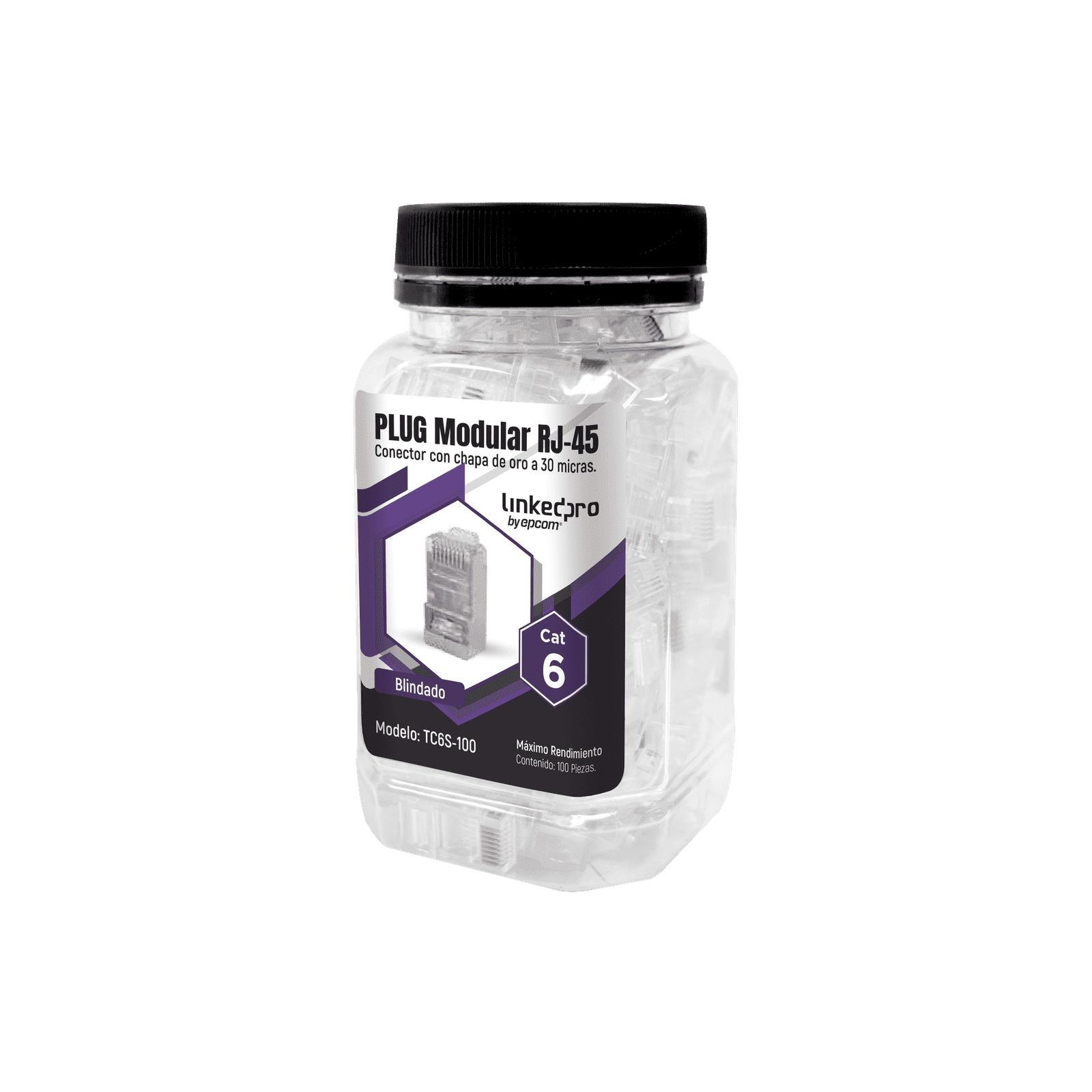 Bote con 100 Piezas de Plug Modular RJ45 Cat6 blindado, chapado de oro a 30 micras para durabilidad extrema SIN PIN DE TIERRA TC6S-100 - LINKEDPRO BY EPCOM