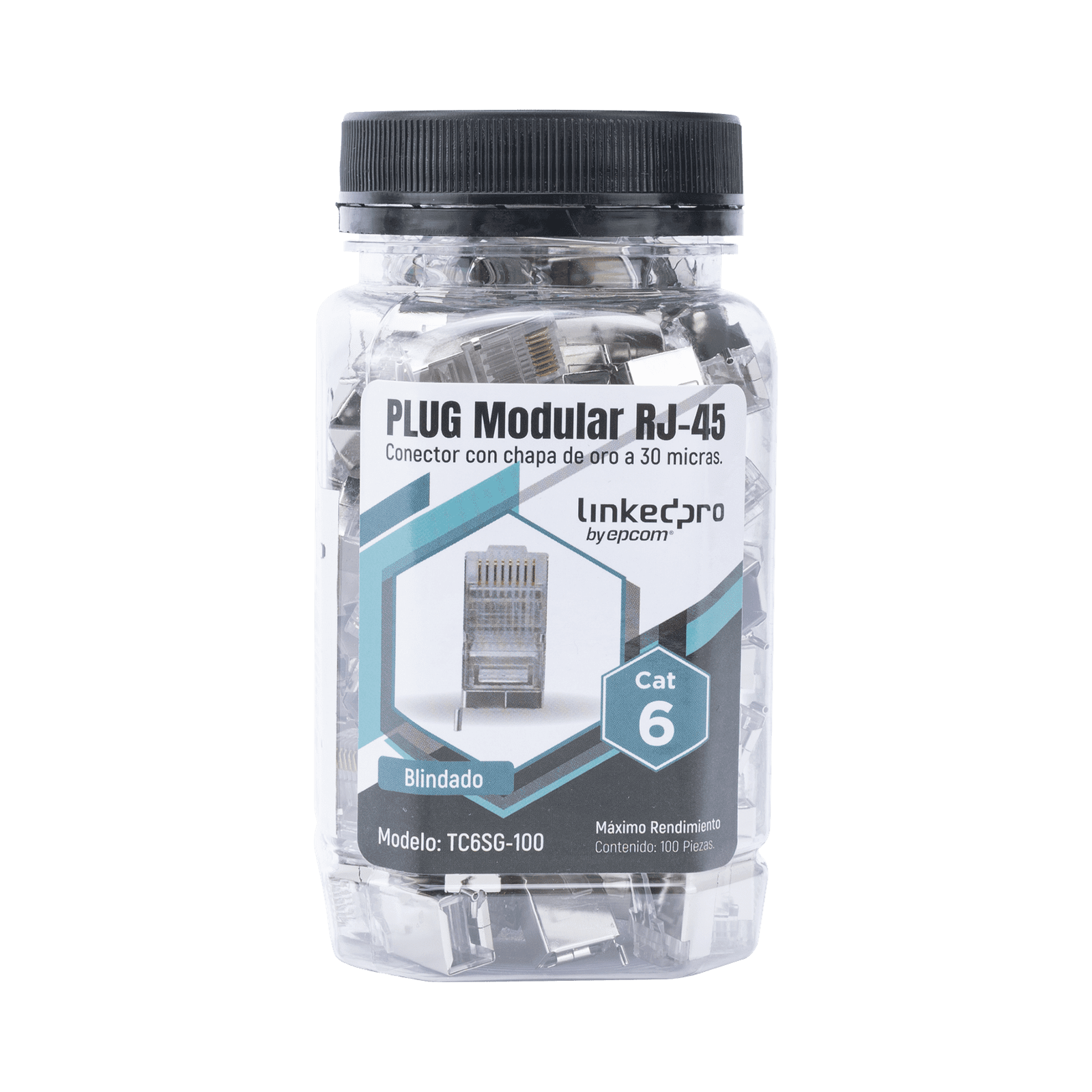Bote con 100 Piezas de Plug Modular RJ45 Cat6 blindado con pin de tierra, chapado de oro a 30 micras para durabilidad extrema TC6SG-100 - LINKEDPRO BY EPCOM