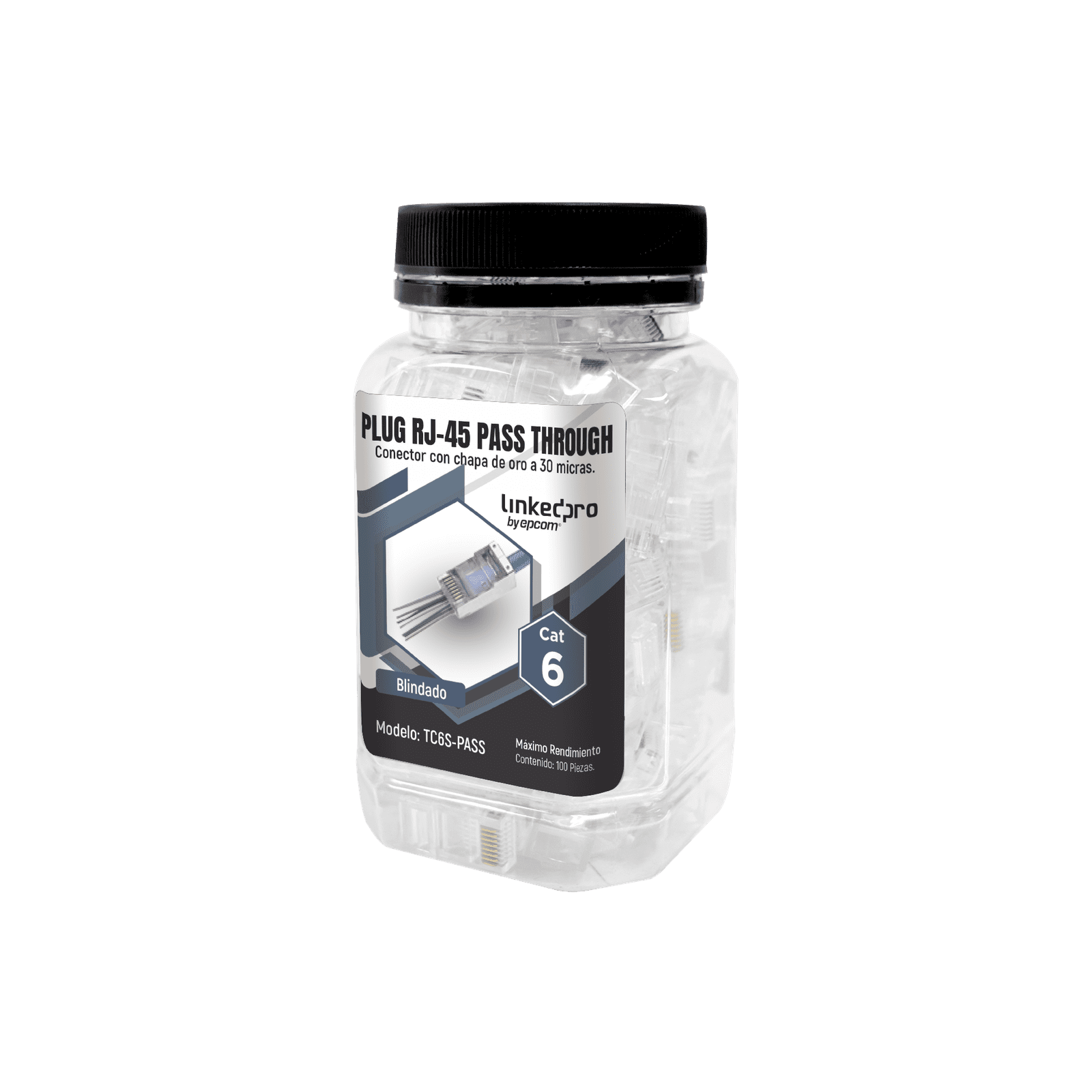 Bote con 100 Plugs Pass through RJ45 Cat6 BLINDADO chapado de oro a 30 micras para durabilidad extrema TC6S-PASS - LINKEDPRO BY EPCOM