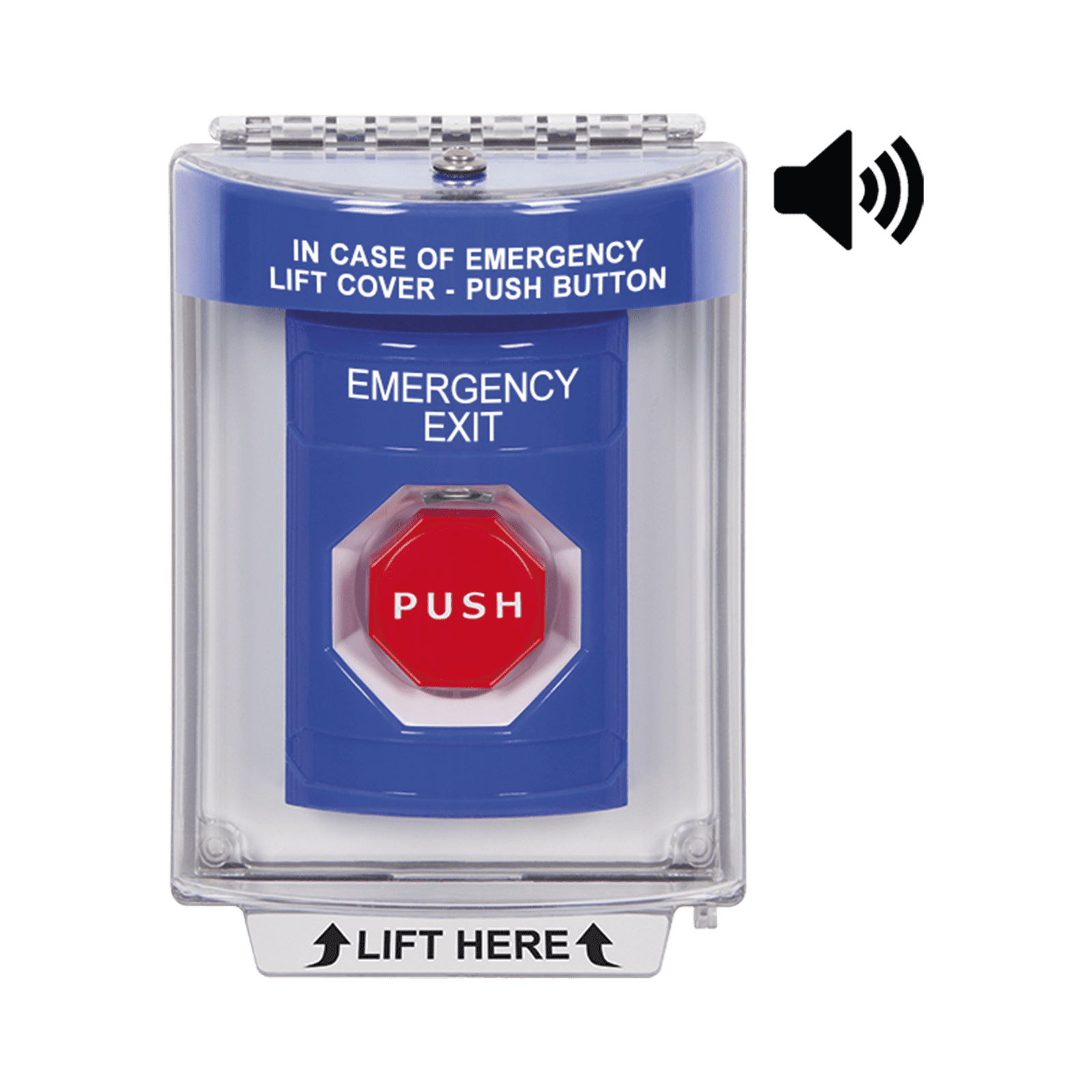 Botón De Salida De Emergencia Con Bocina De Advertencia Integrada, Interior/Exterior, Texto En Ingles, Tapa Protectora De Policarbonato Súper Resistente, Neumático SS2448EX-EN - STI