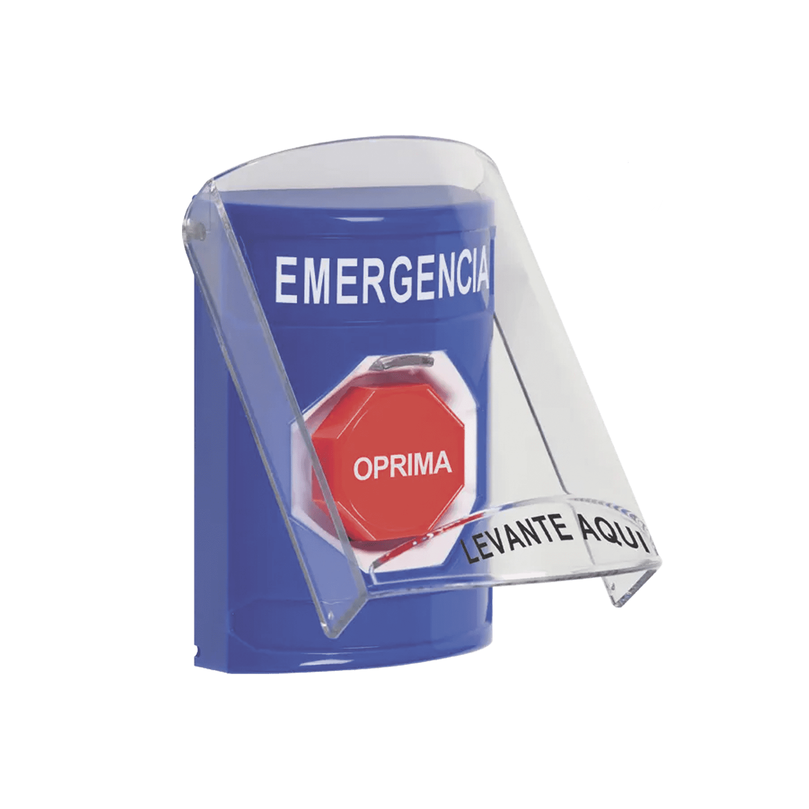 ?Botón Multipropósito, Color Azul, De Superficie, Con Tapa De Policarbonato, Con Bocina Pre Alarma, Para Interior, Llave Para Restablecer, Texto De Emergencia, Español SS24A2EM-ES - STI
