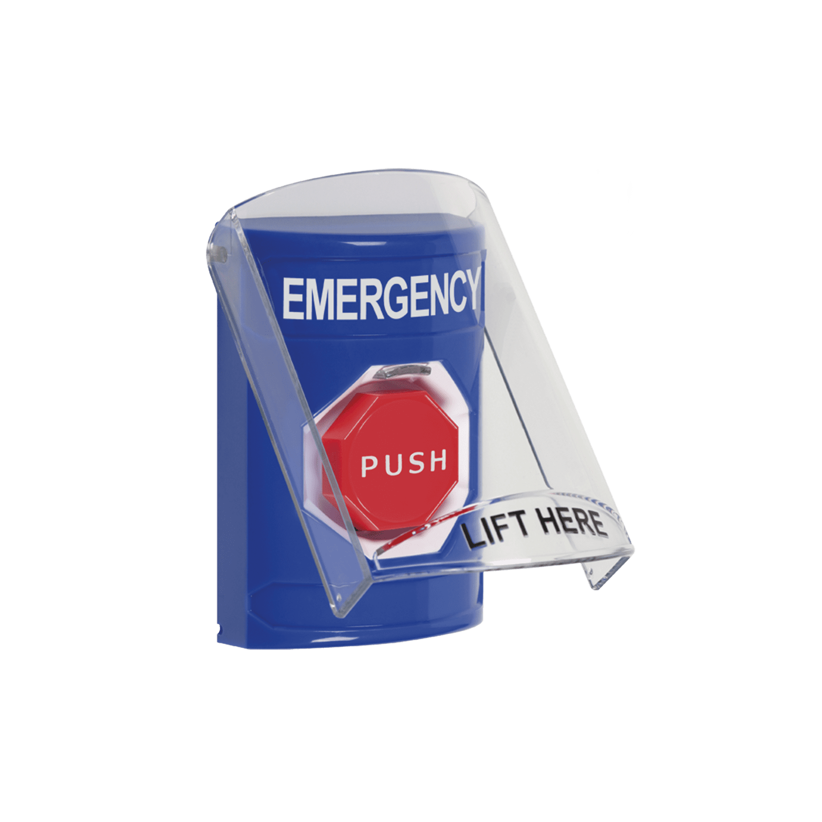 Botón Multipropósito, Color Azul, De Superficie, Con Tapa De Policarbonato, Con Bocina Pre Alarma, Para Interior, Llave Para Restablecer, Texto De Emergencia, Ingles SS24A2EM-EN - STI
