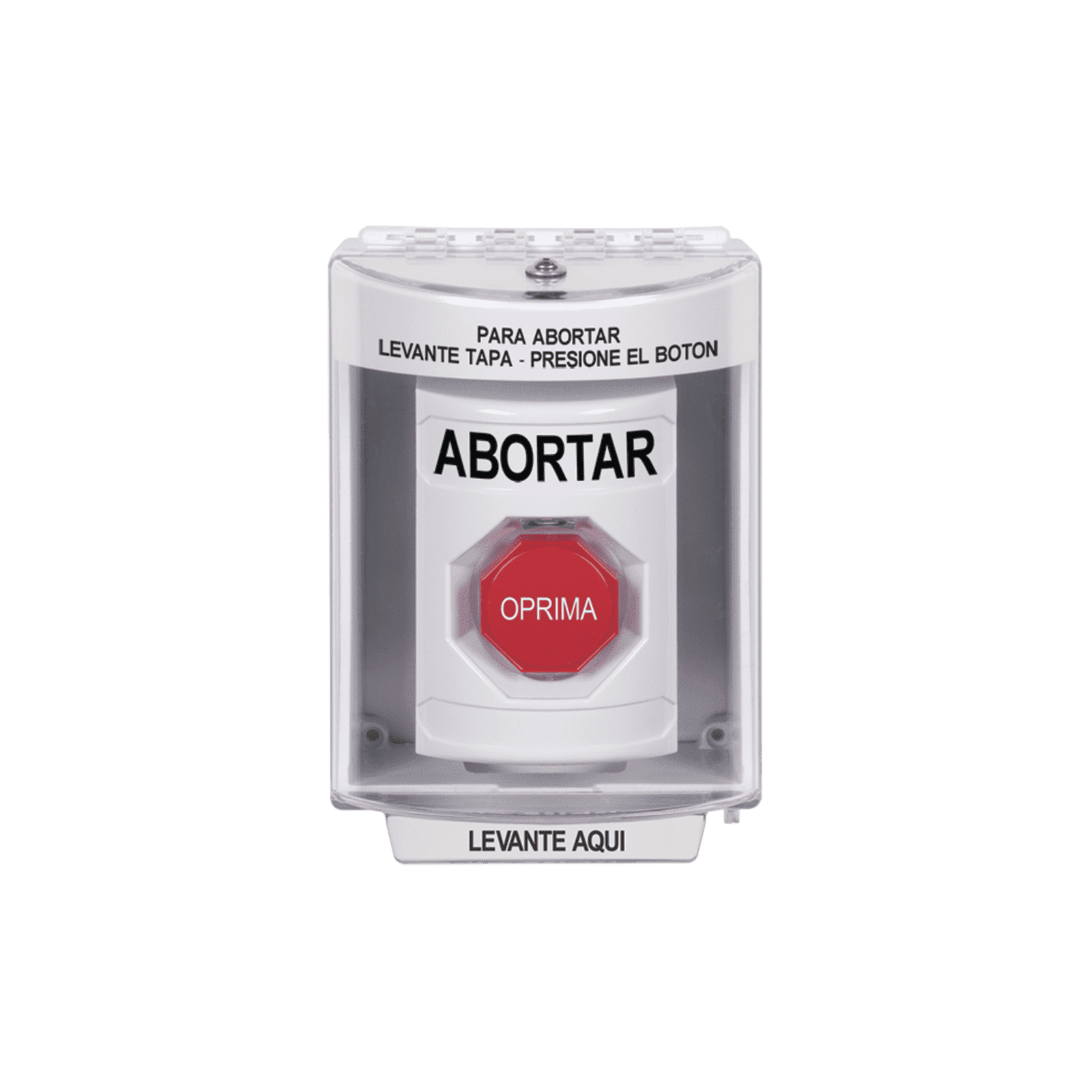 Botón de Abortar, Bocina de Advertencia Integrada, Texto en Español, Tapa Protectora de Policarbonato Súper Resistente con Espaciador, Restablecimiento con Llave SS2382AB-ES - STI