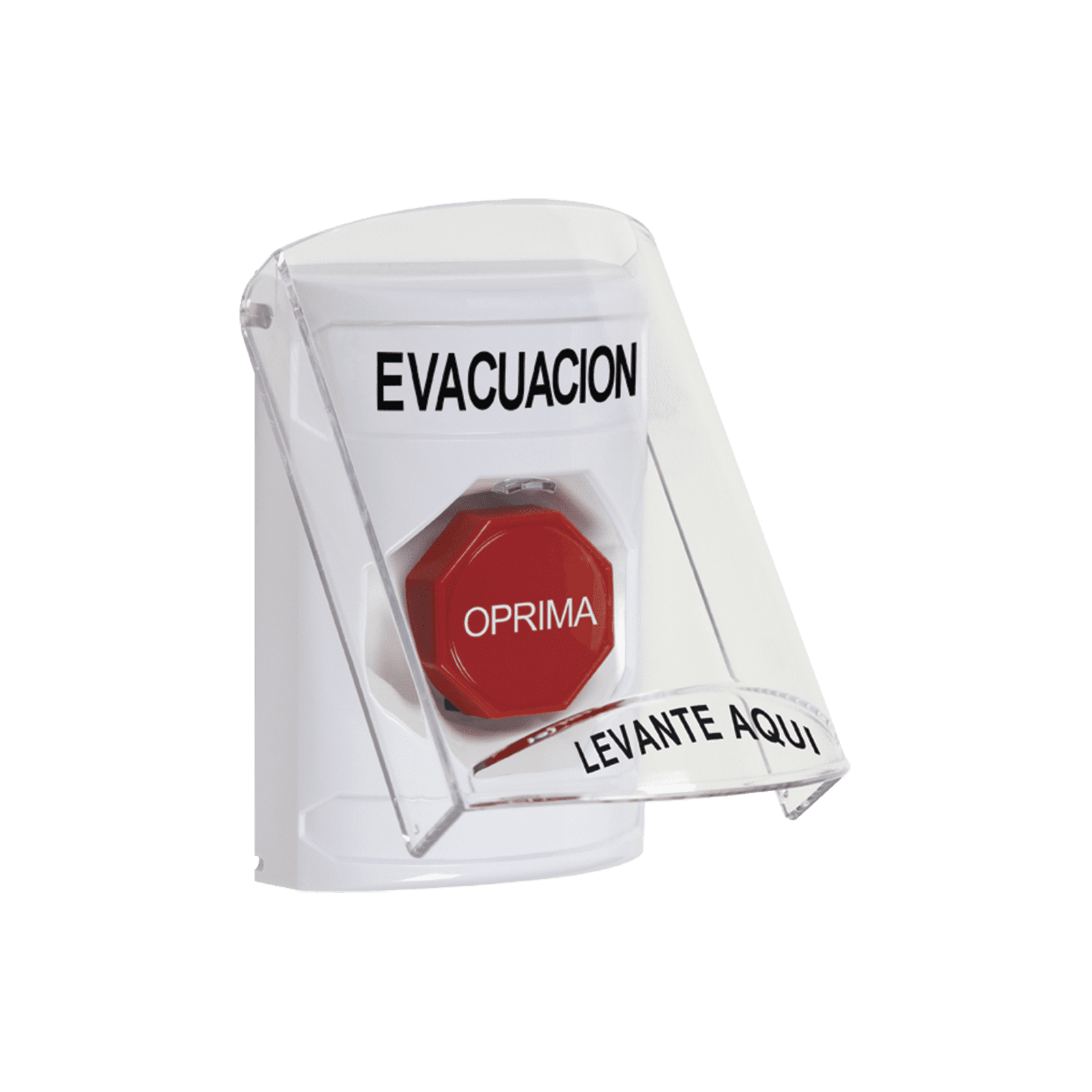 Botón de Evacuación, Texto en Español, Tapa Protectora de Policarbonato Súper Resistente, Restablecimiento con Llave SS2322EV-ES - STI