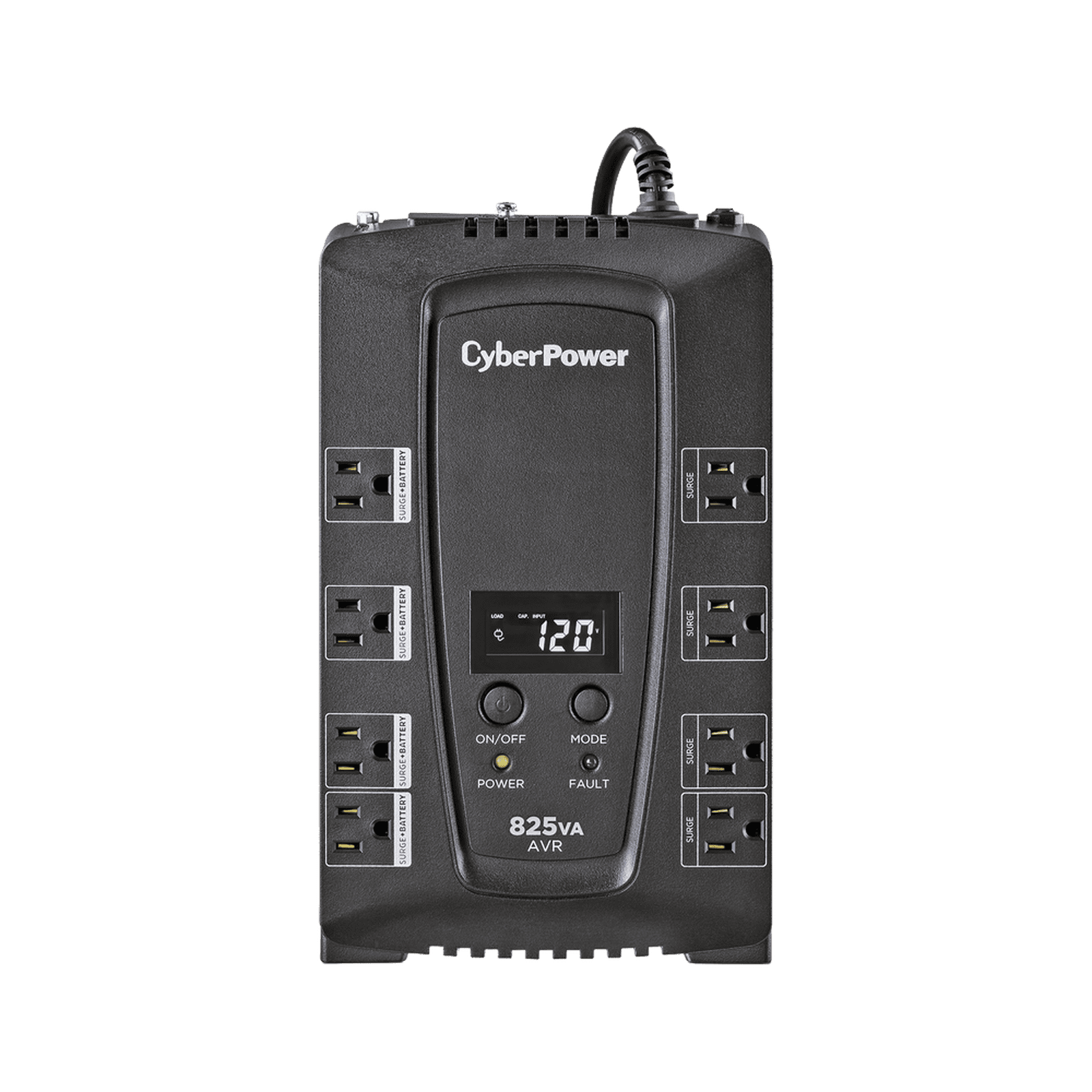 UPS de 825 VA/450 W, Topología Línea Interactiva, Entrada 120 Vca NEMA 5-15P, Tipo Gabinete Compacto, Con 8 Tomas NEMA 5-15R CP825AVRLCDA - CyberPower